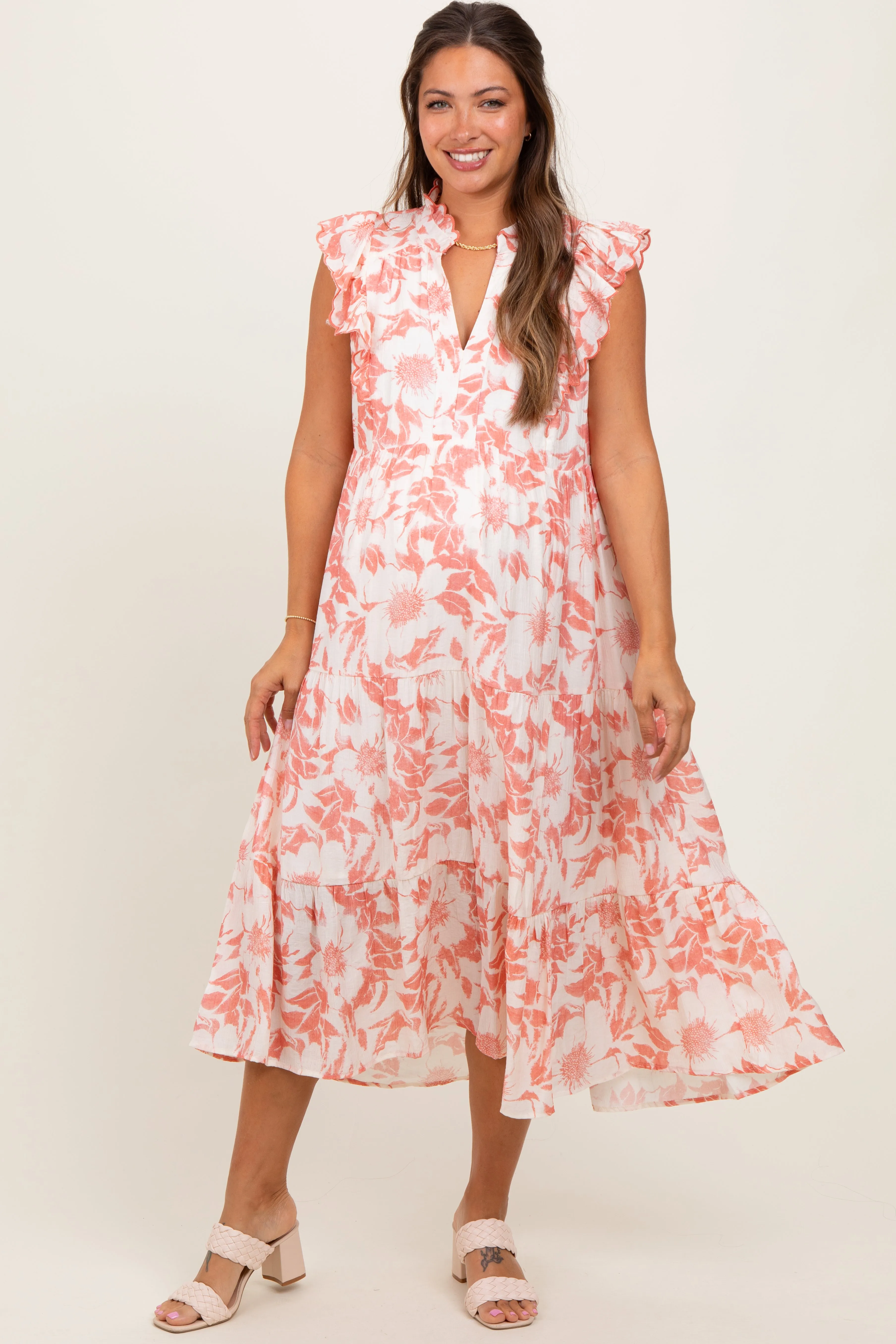 Rust Floral Scallop Hem Tiered Maternity Midi Dress sold by Pinkblush