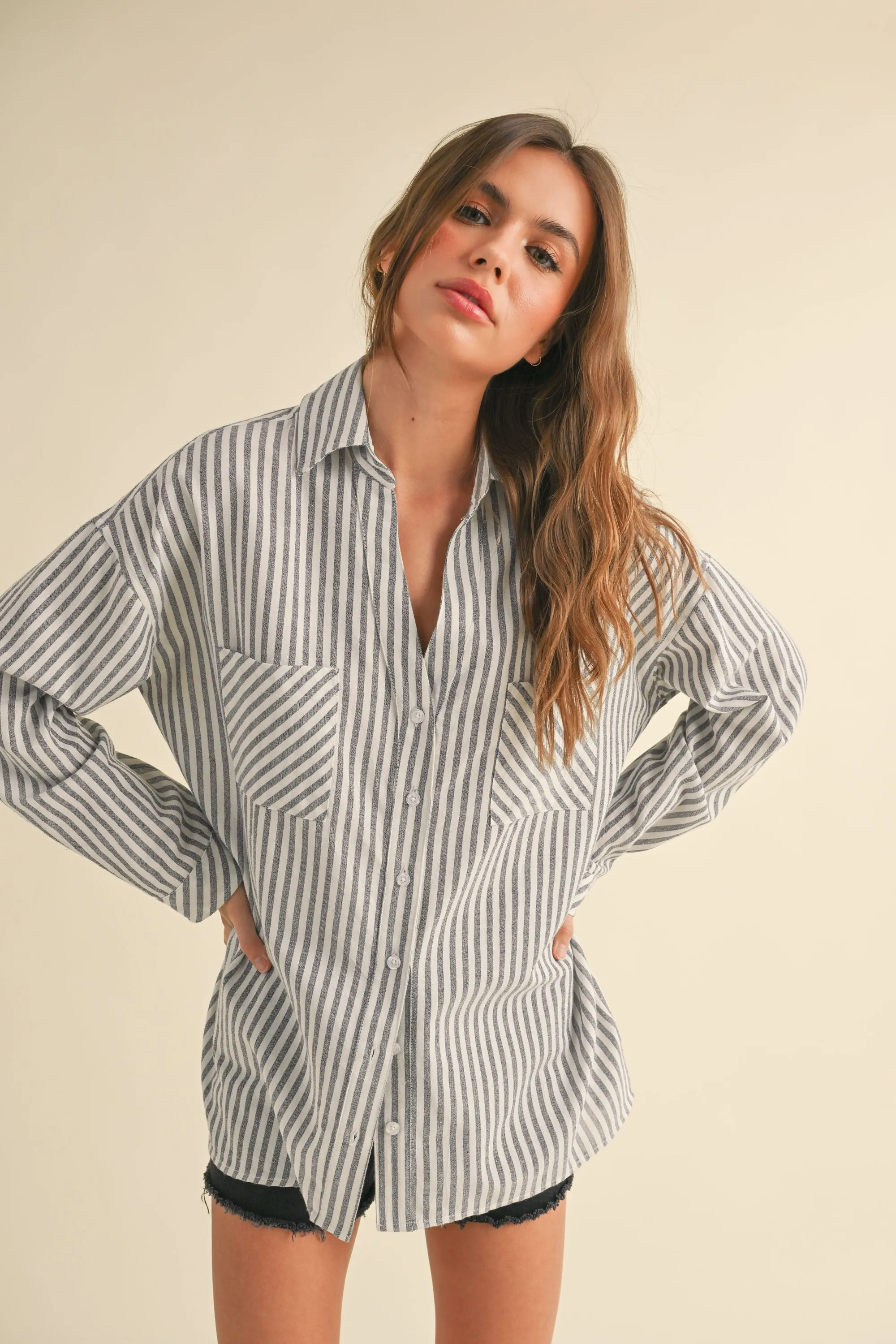 Navy Striped Double Pocket Maternity Button Down Top sold by Pinkblush product image thumbnail 5