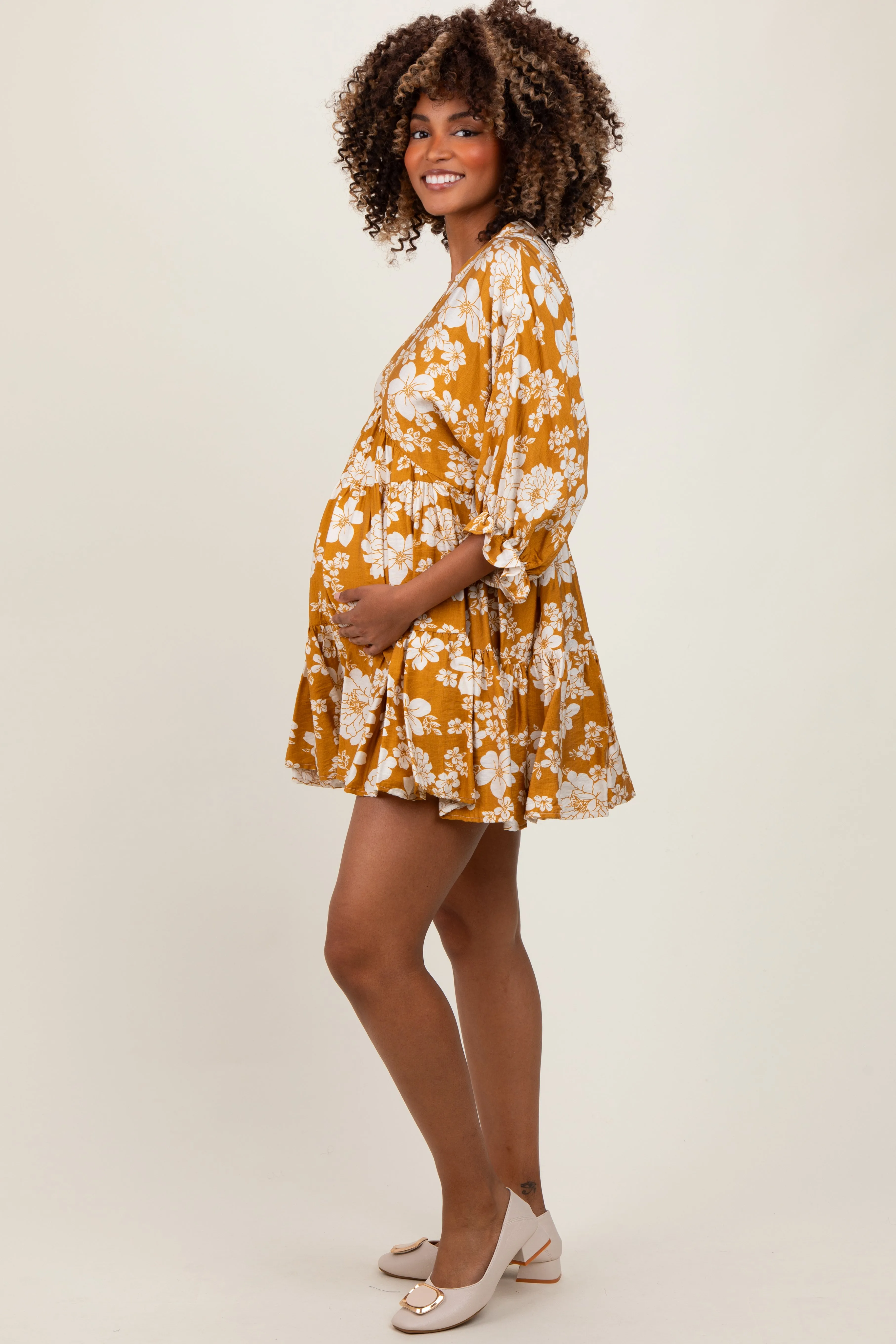 Yellow Floral Deep V-Neck Maternity Mini Dress sold by Pinkblush product image thumbnail 3