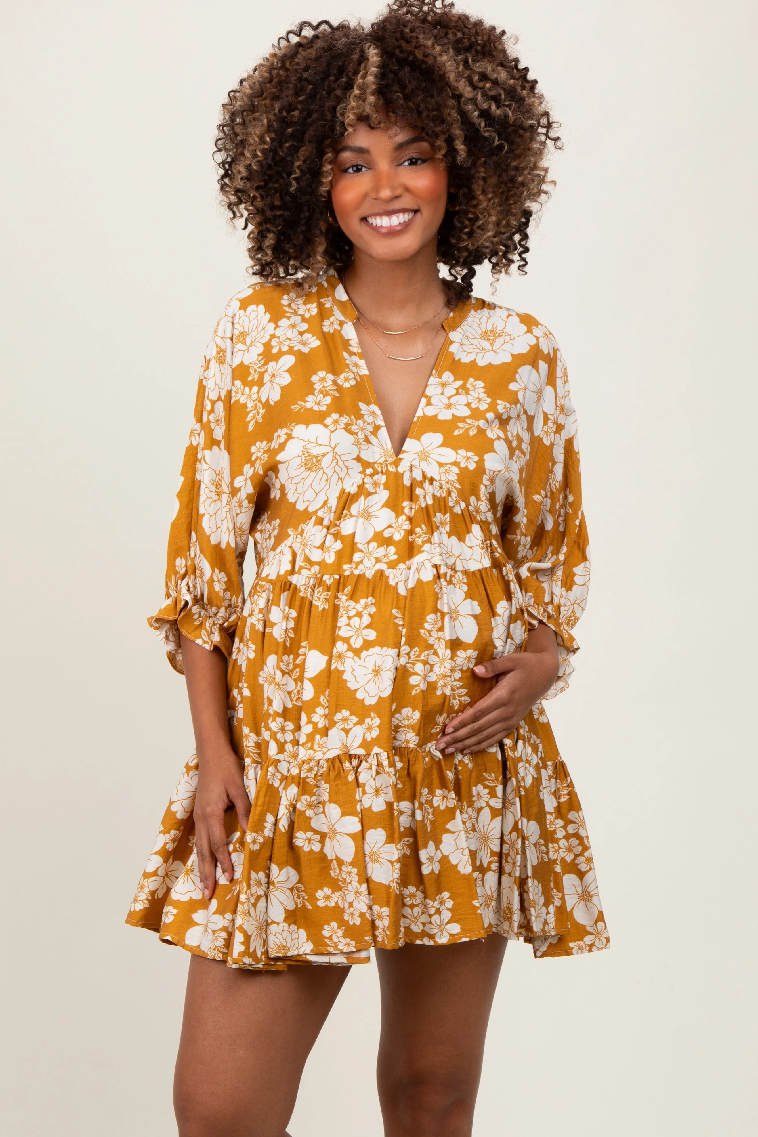 Yellow Floral Deep V-Neck Maternity Mini Dress sold by Pinkblush