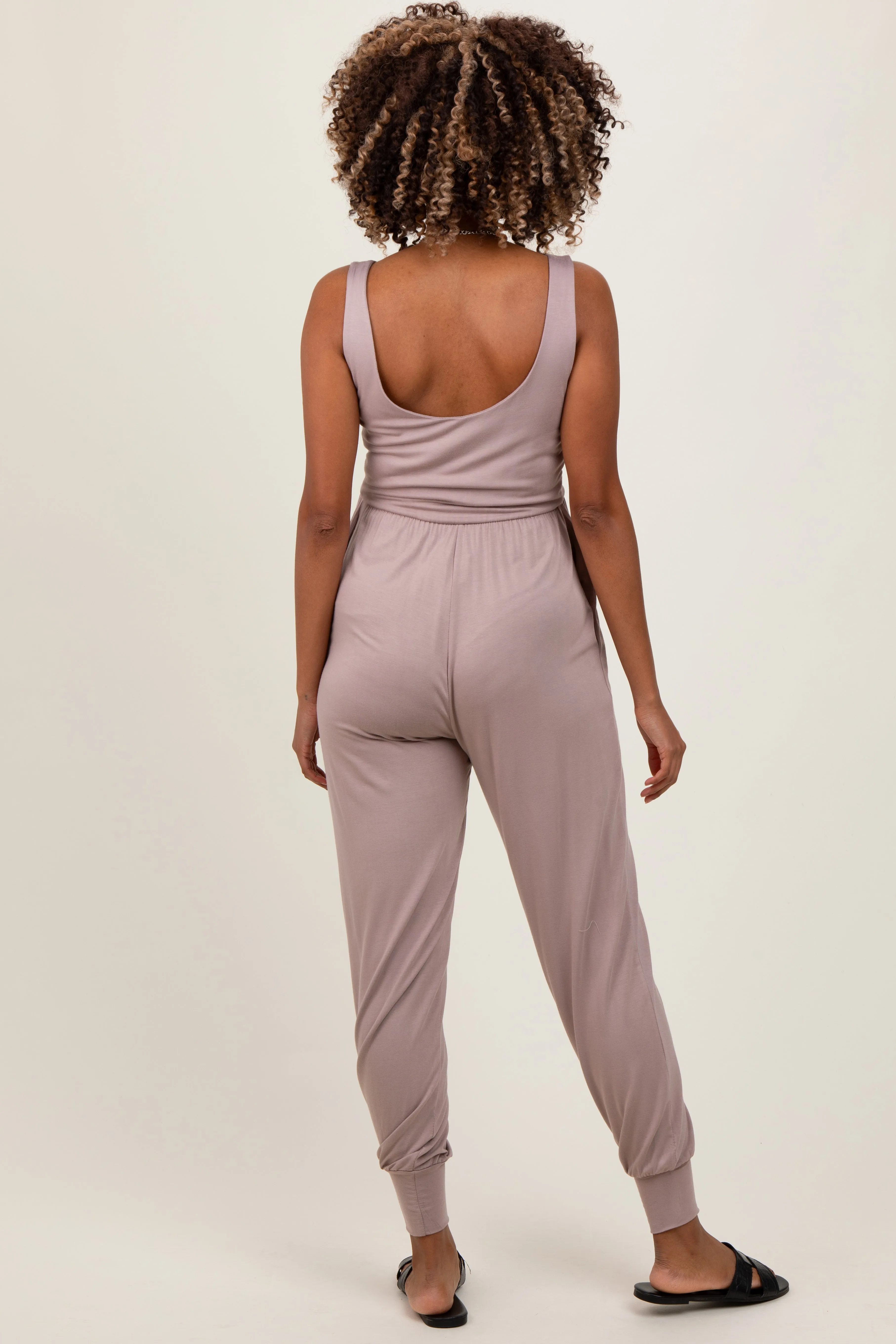 Mocha Scoop Neck Sleeveless Maternity Jogger Jumpsuit sold by Pinkblush product image thumbnail 3