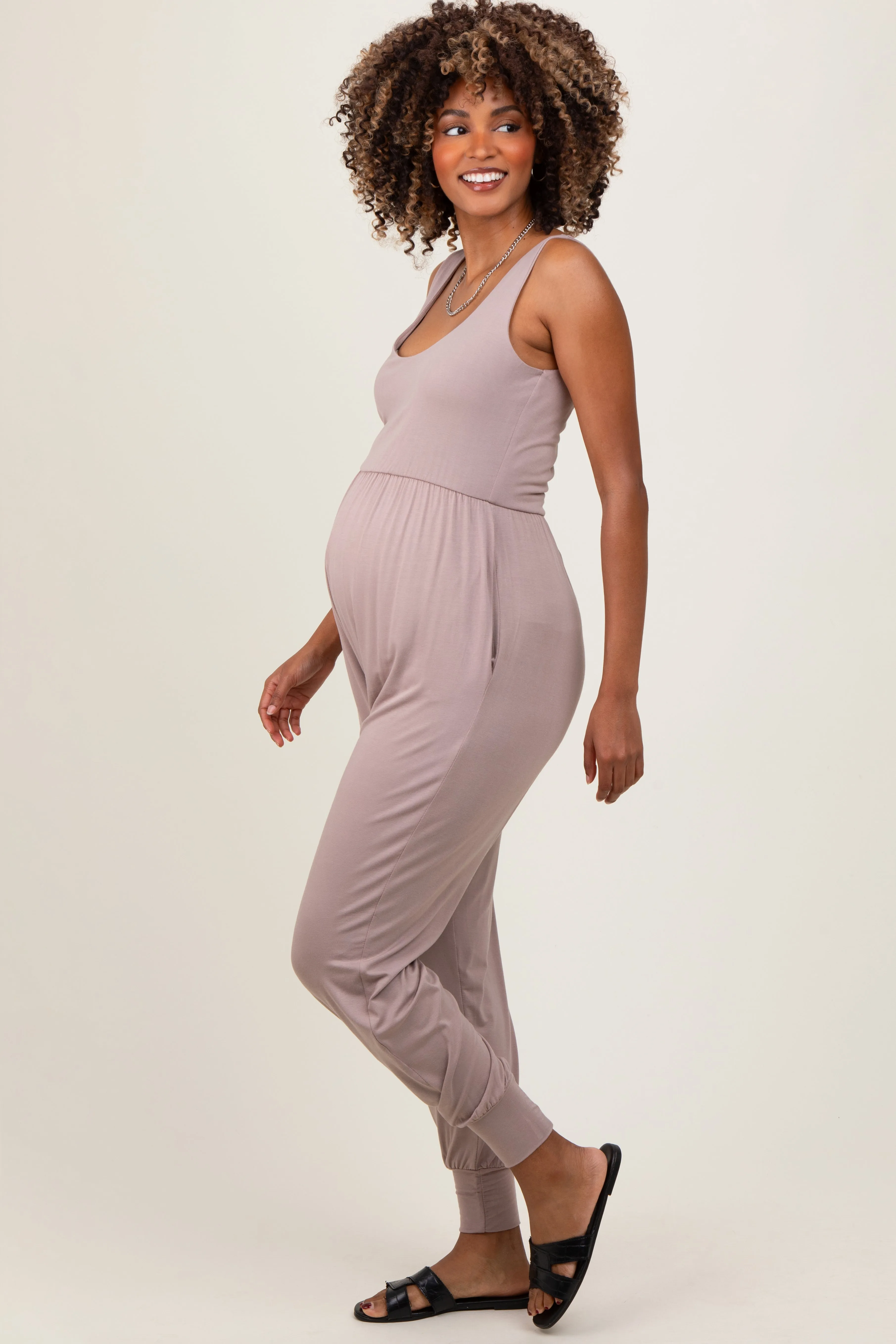 Mocha Scoop Neck Sleeveless Maternity Jogger Jumpsuit sold by Pinkblush product image thumbnail 2