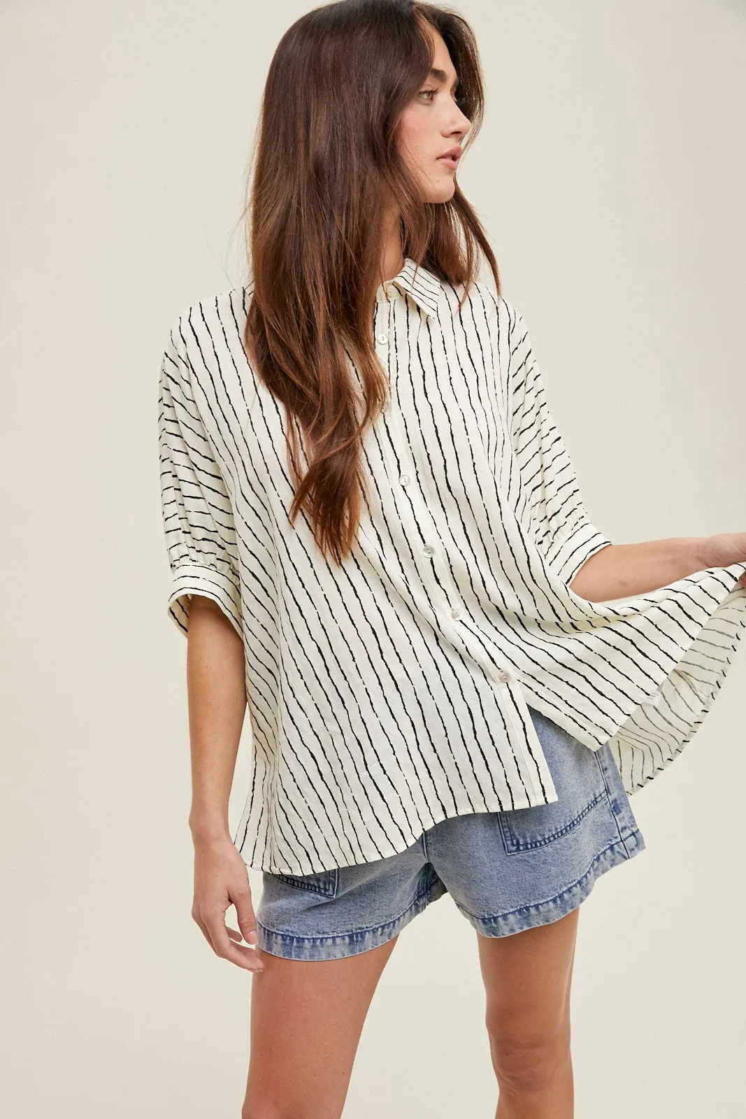 Ivory Striped Drop Shoulder Button Down Blouse sold by Pinkblush