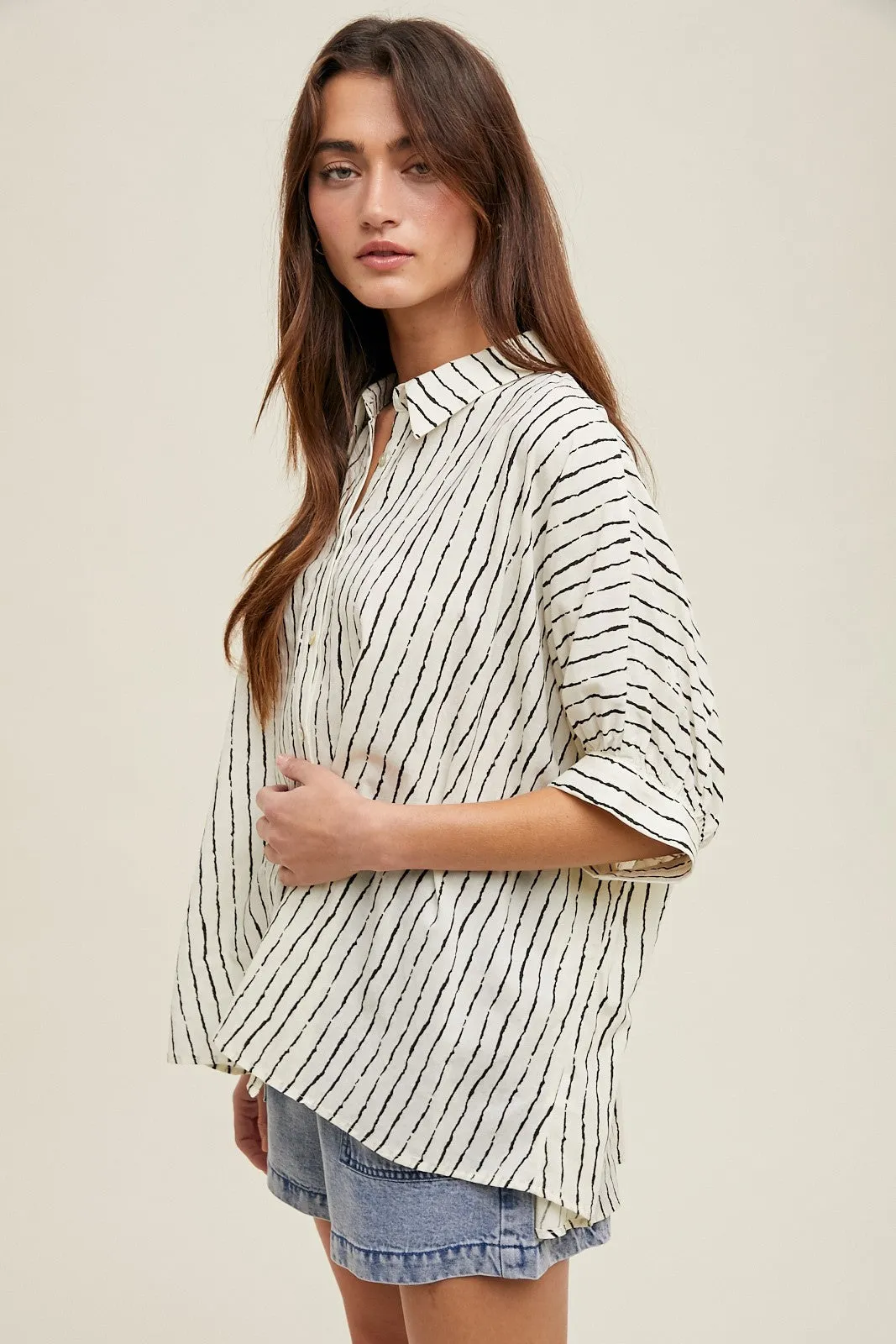 Ivory Striped Drop Shoulder Button Down Blouse sold by Pinkblush product image thumbnail 2