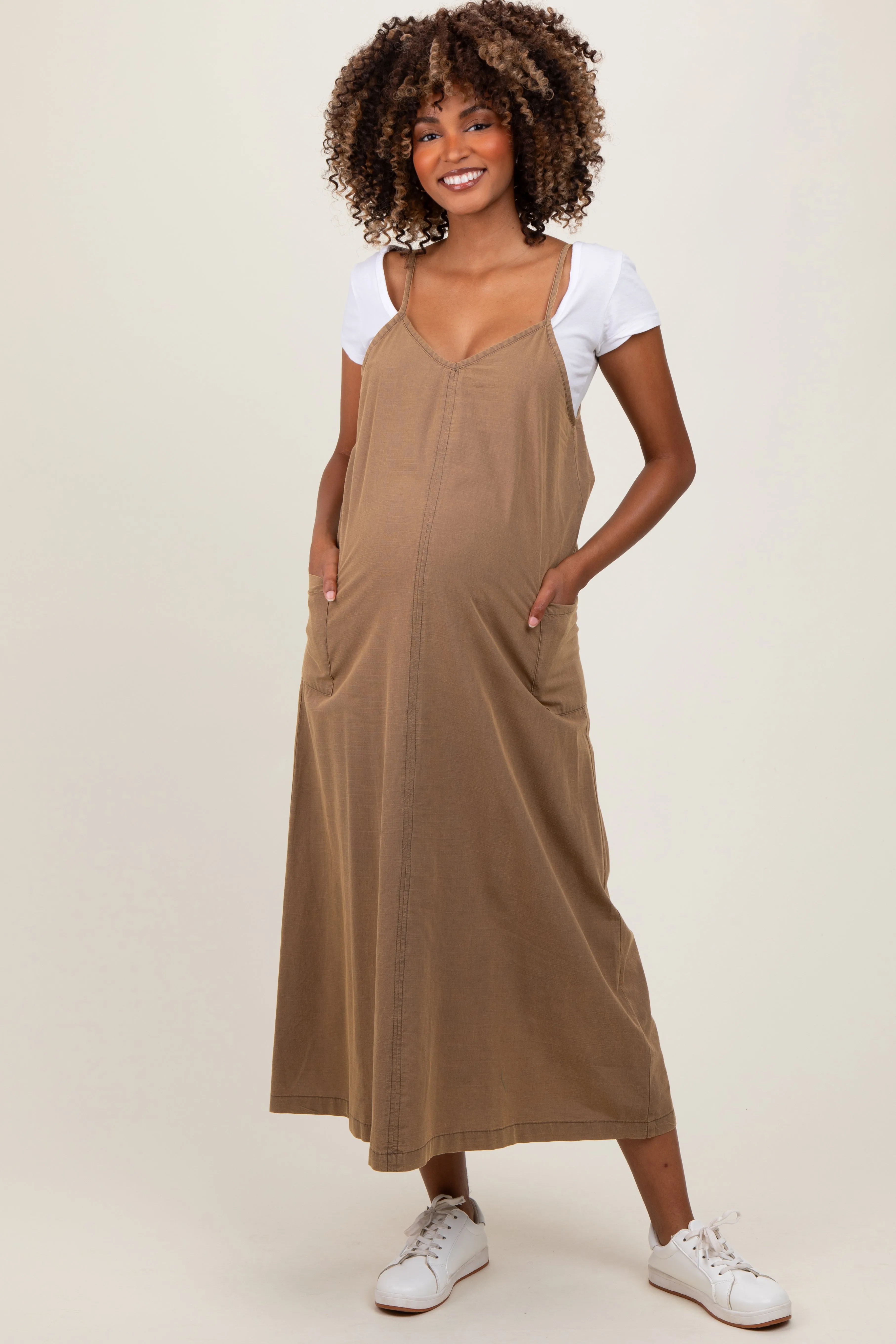 Olive V-Neck Overall Maternity Midi Dress sold by Pinkblush