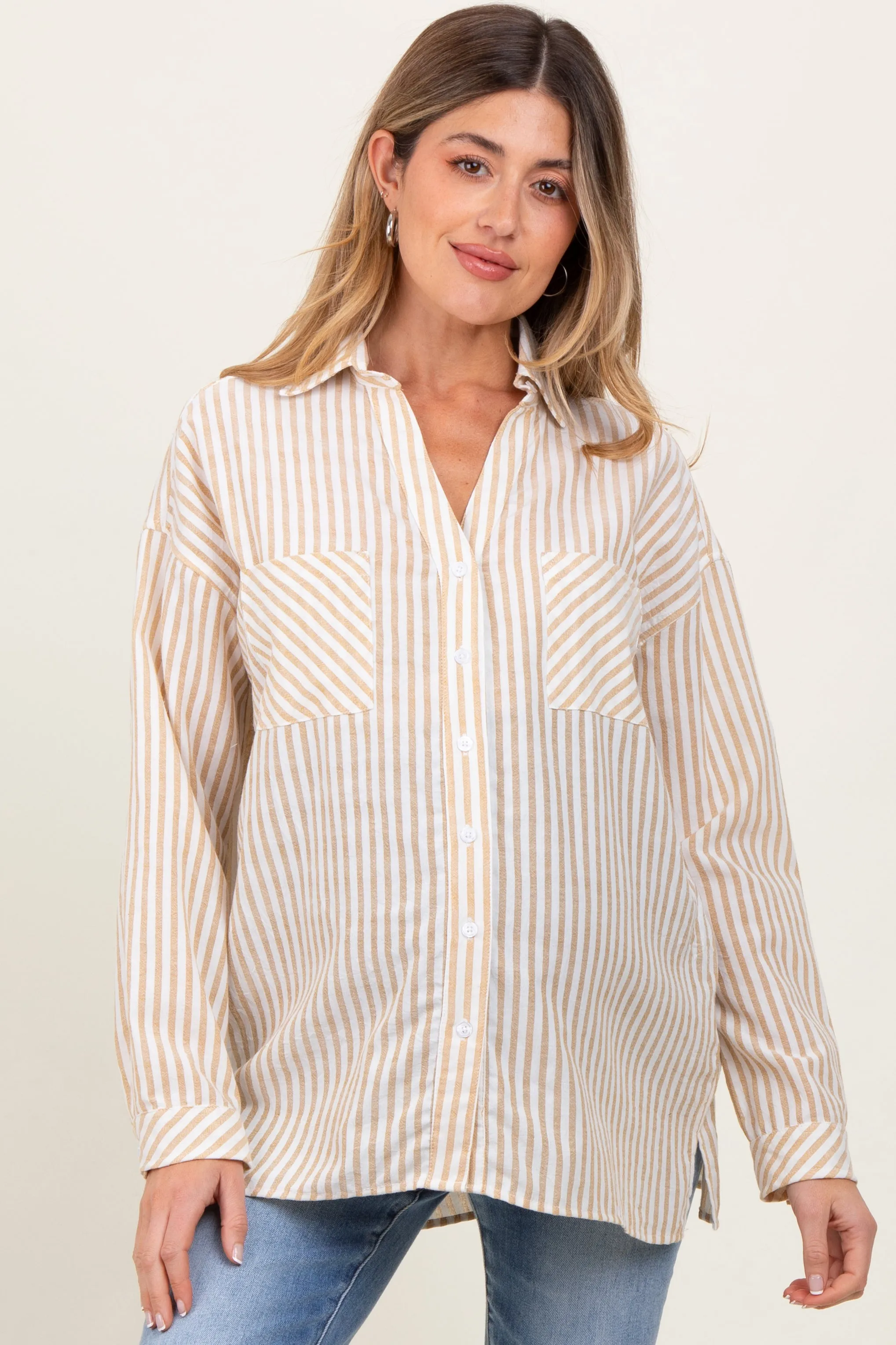 Dark Yellow Striped Double Pocket Maternity Button Down Top sold by Pinkblush product image thumbnail 2
