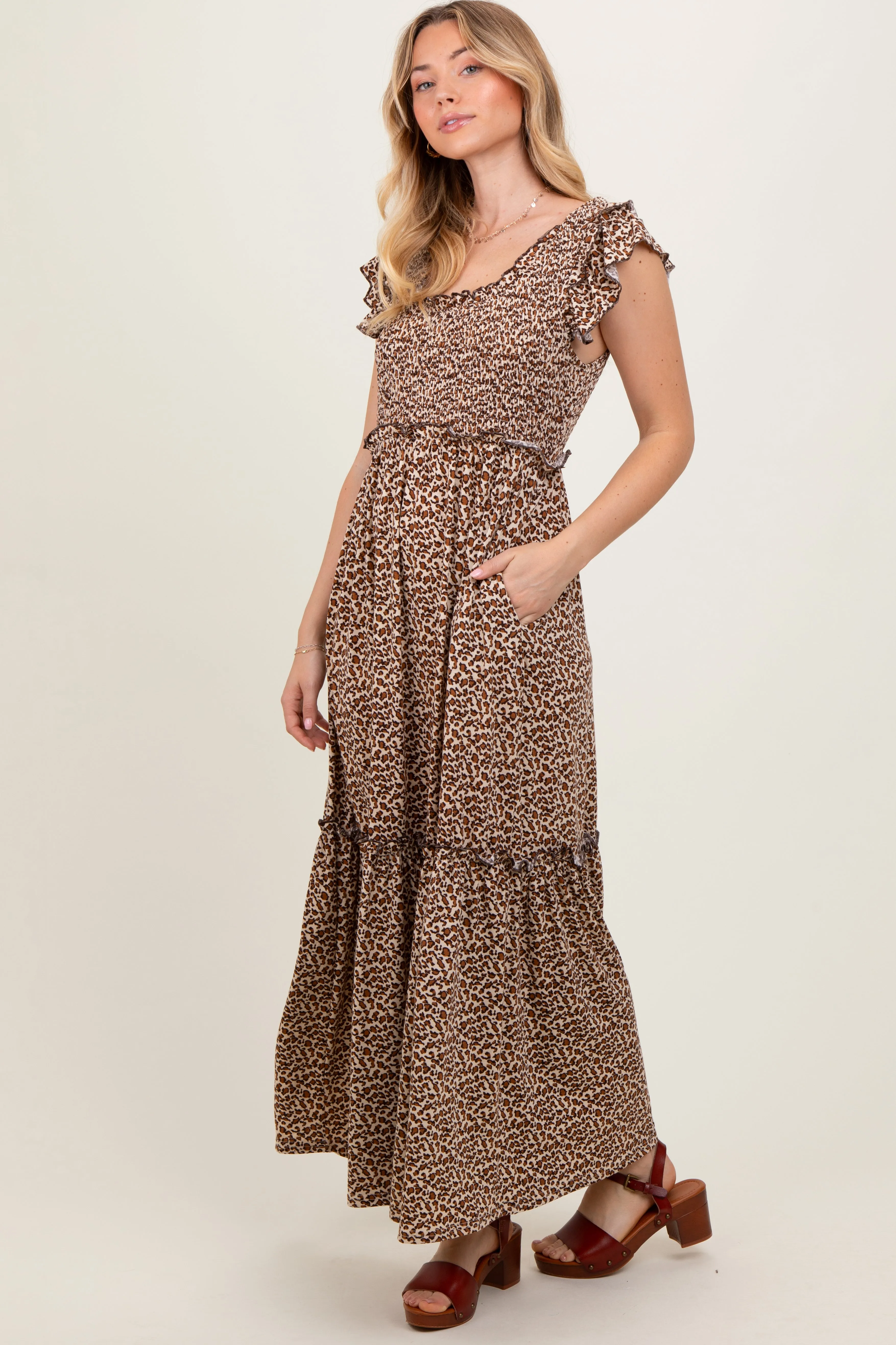 Mocha Leopard Print Ruffle Sleeve Tiered Maxi Dress sold by Pinkblush product image thumbnail 3