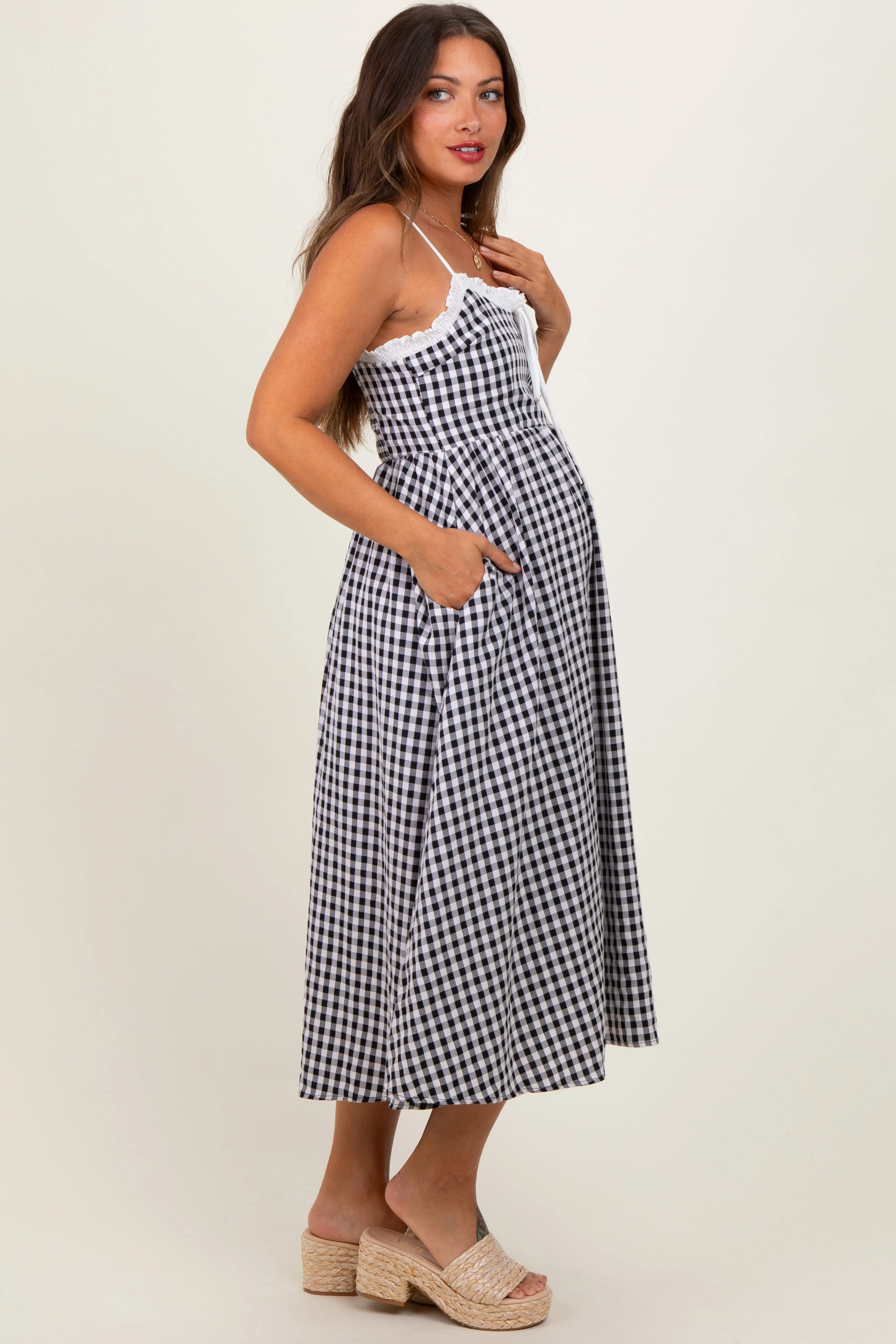 Black Gingham Smocked Trim Maternity Midi Dress sold by Pinkblush product image thumbnail 2
