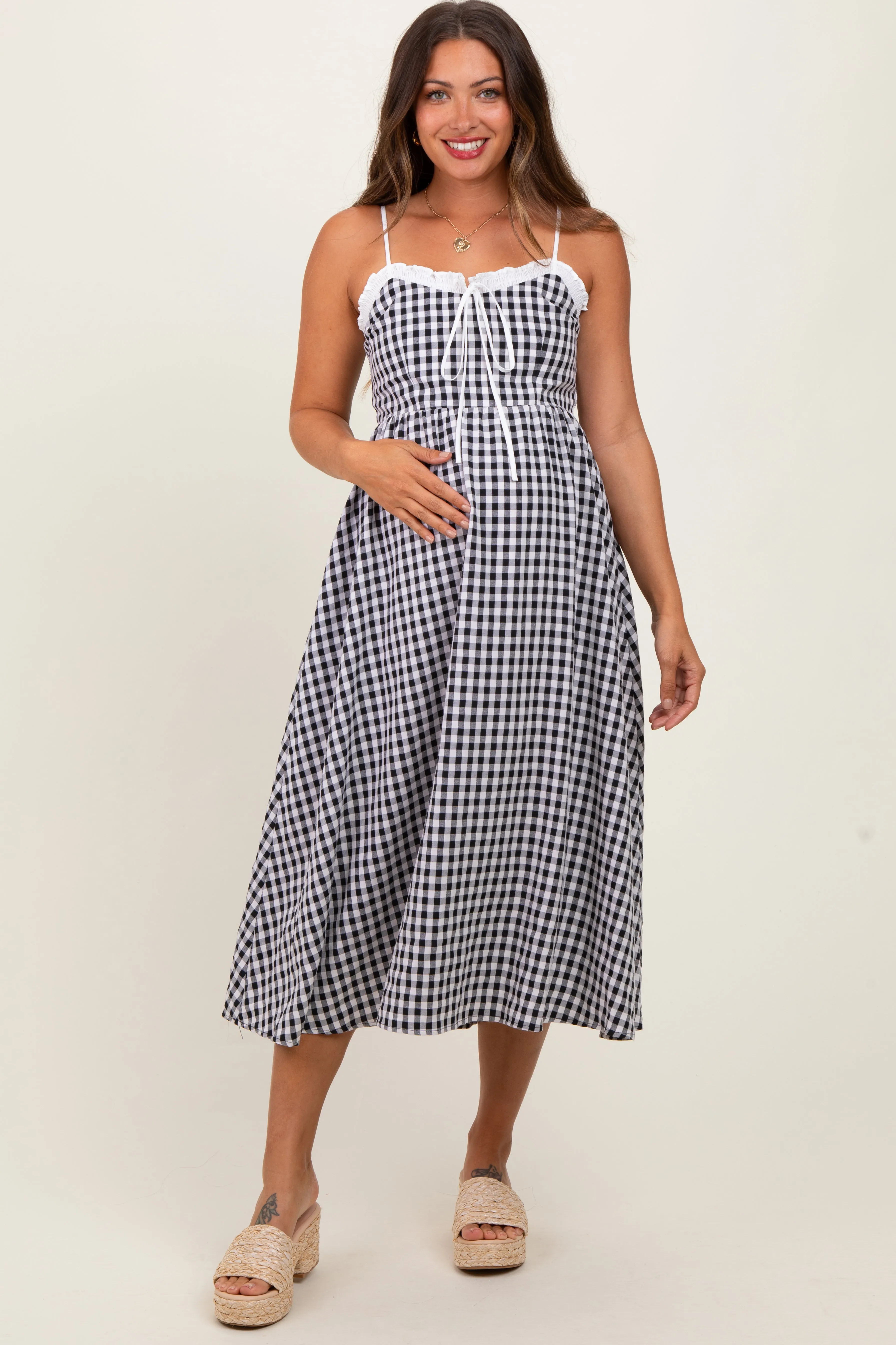 Black Gingham Smocked Trim Maternity Midi Dress sold by Pinkblush