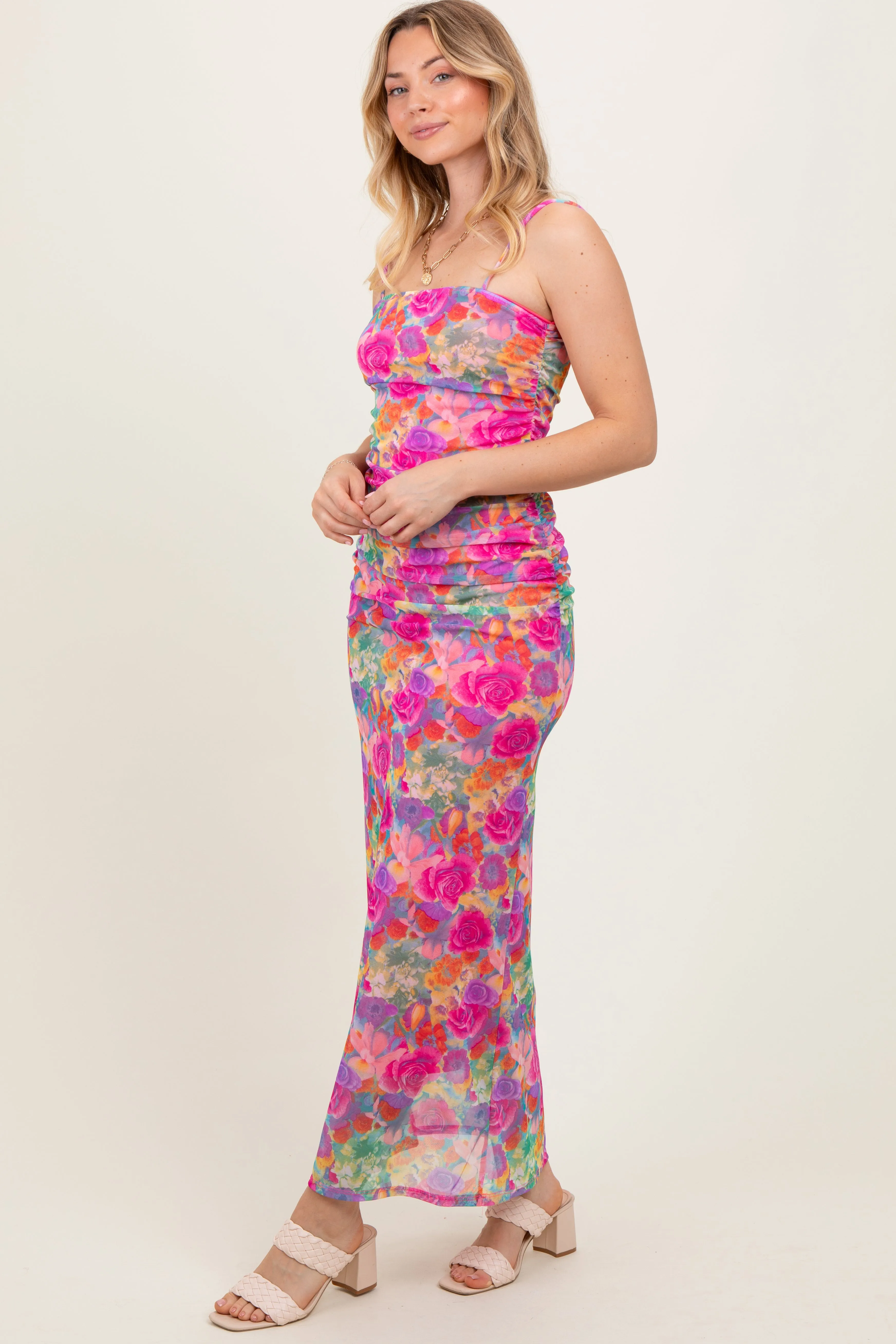 Pink Multi-Color Floral Mesh Ruched Sleeveless Maxi Dress sold by Pinkblush product image thumbnail 3