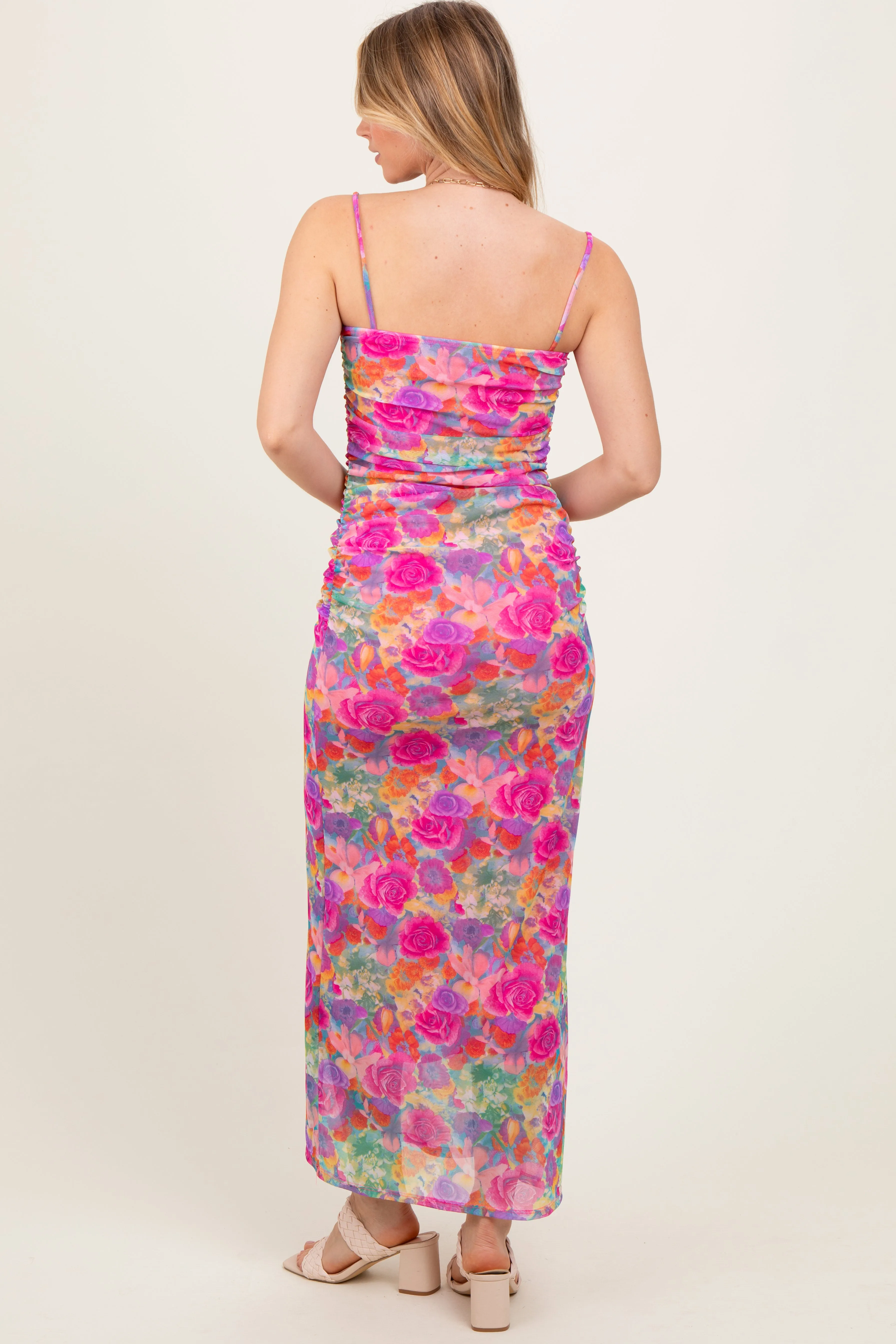 Pink Multi-Color Floral Mesh Ruched Sleeveless Maxi Dress sold by Pinkblush product image thumbnail 4