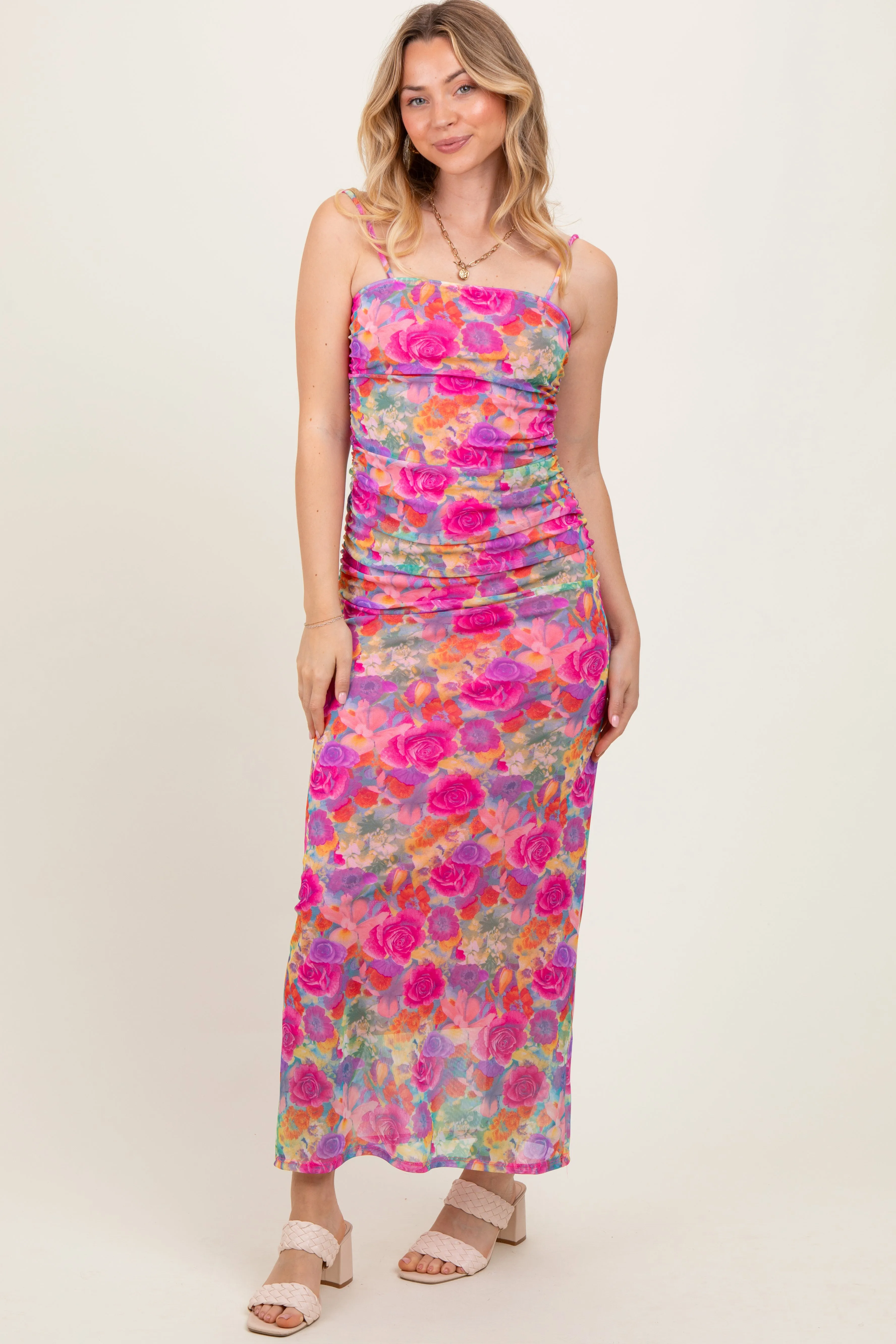 Pink Multi-Color Floral Mesh Ruched Sleeveless Maxi Dress sold by Pinkblush