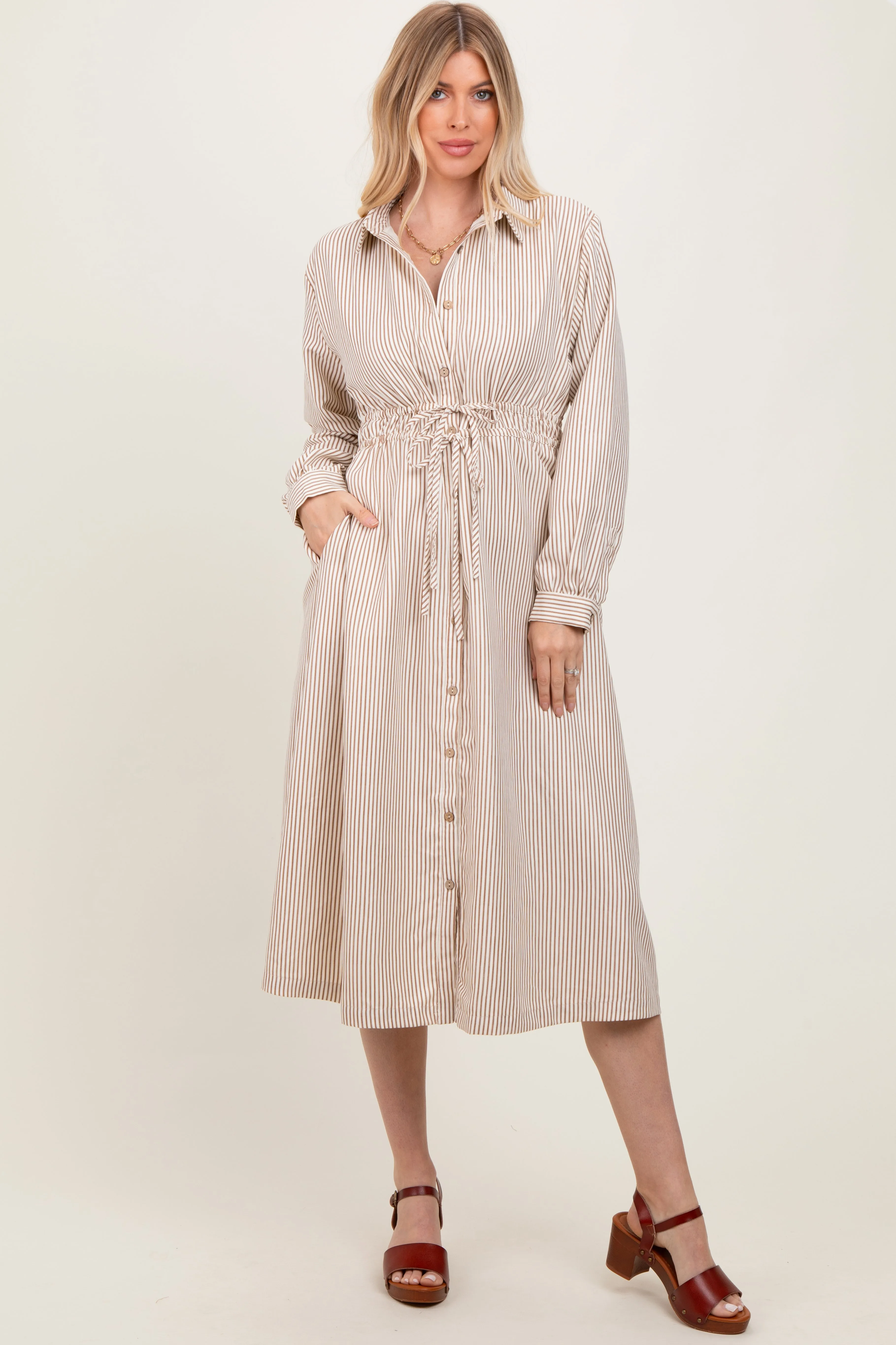 Mocha Striped Sash Tie Midi Shirt Dress sold by Pinkblush
