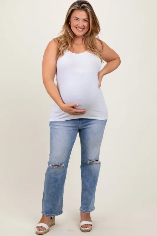 Blue Open Knee Distressed Straight Leg Maternity Plus Jeans sold by Pinkblush