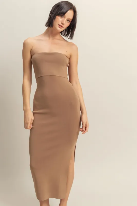 Taupe Strapless Fitted Maxi Dress sold by Pinkblush