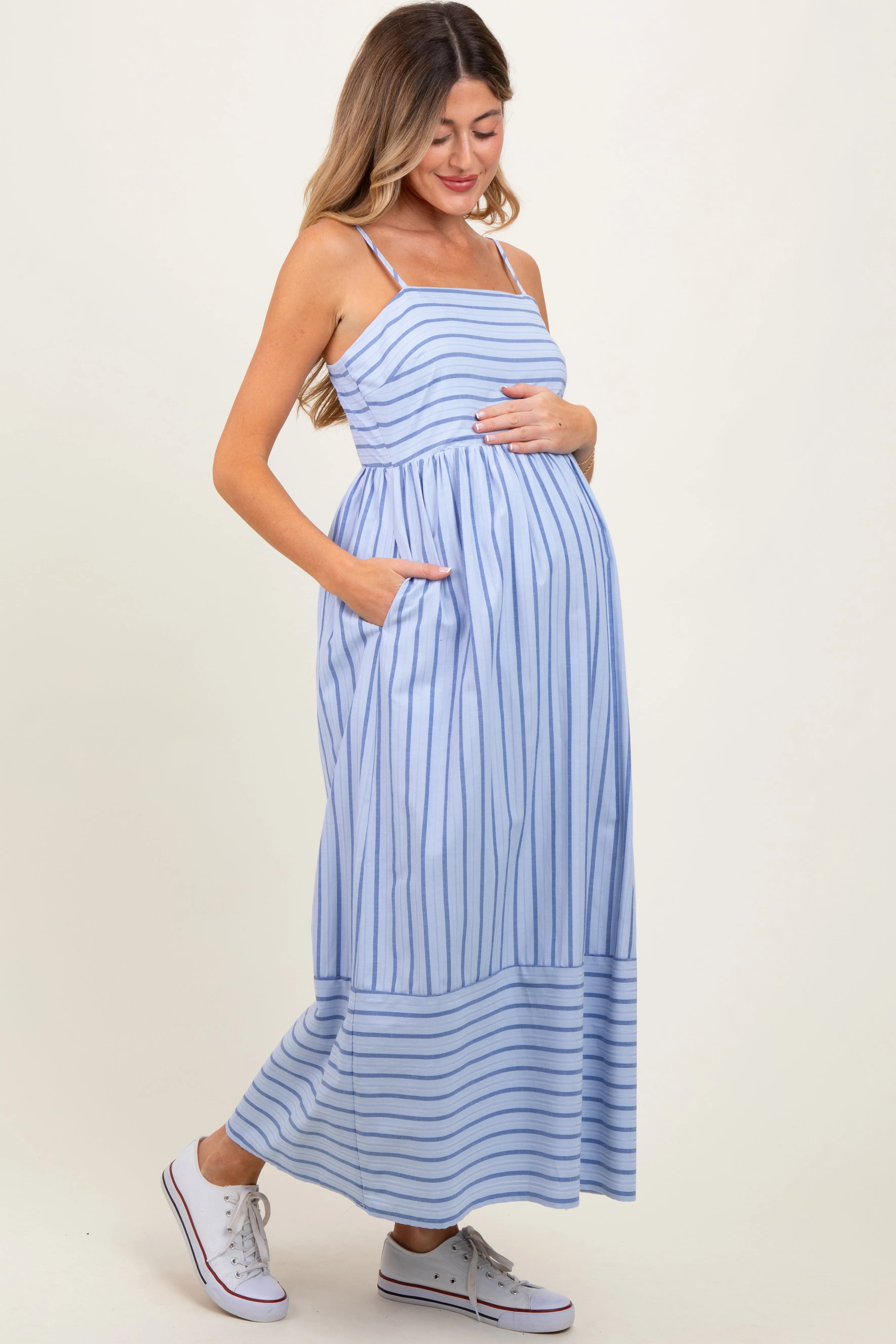 Light Blue Striped Sleeveless Maternity Maxi Dress sold by Pinkblush product image thumbnail 2