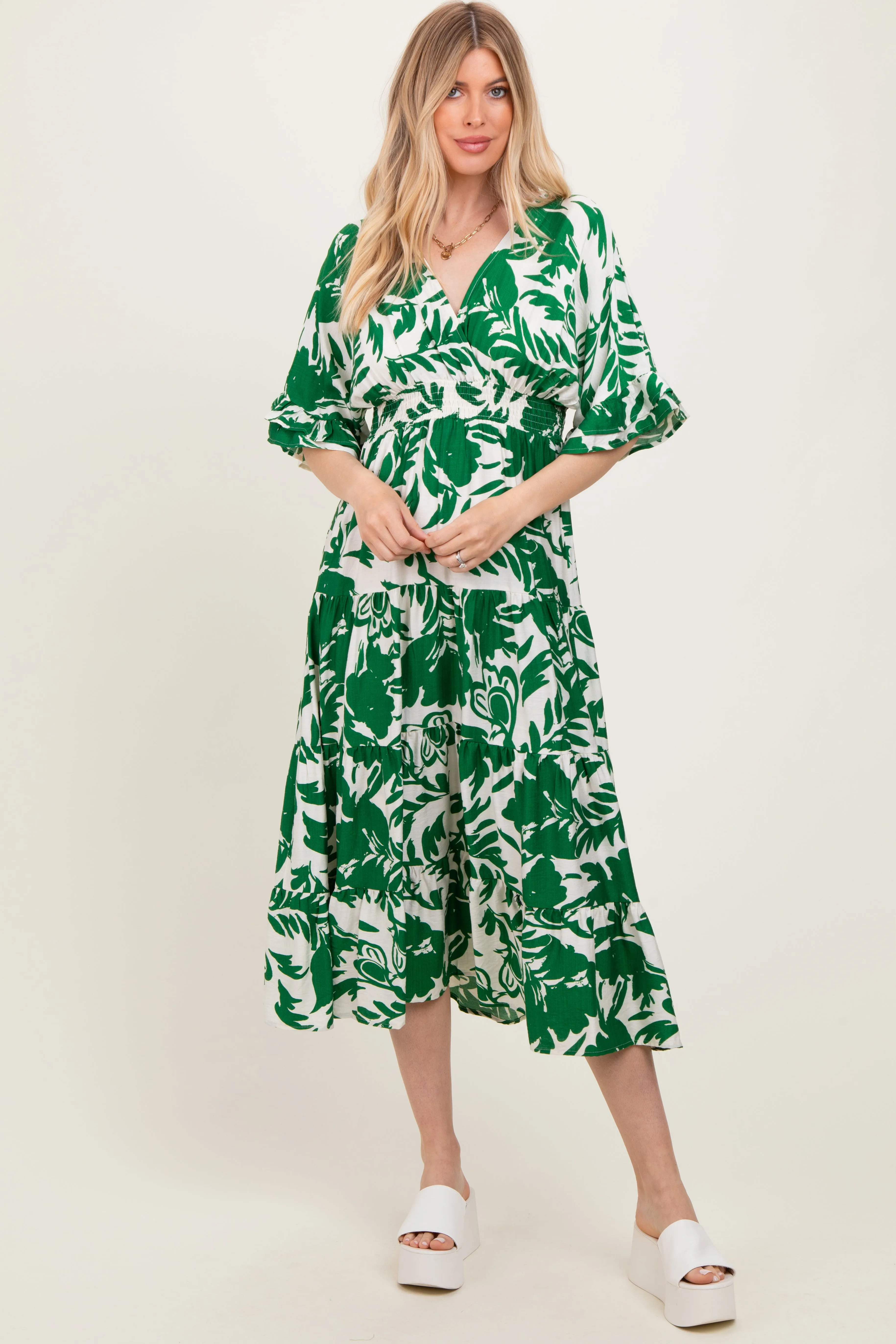 Green Abstract Floral V-Neck Tiered Maternity Midi Dress sold by Pinkblush product image thumbnail 4