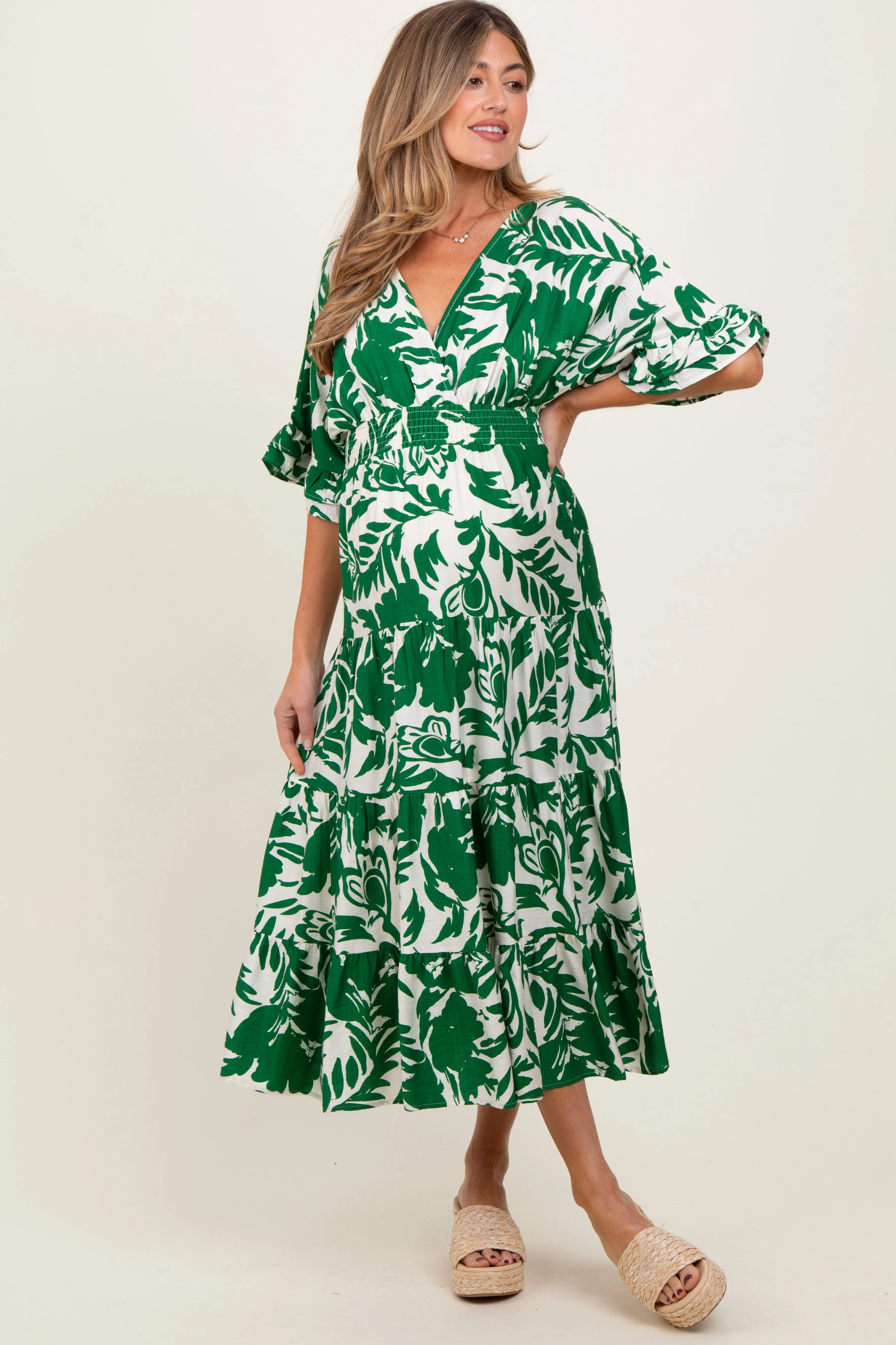 Green Abstract Floral V-Neck Tiered Maternity Midi Dress sold by Pinkblush