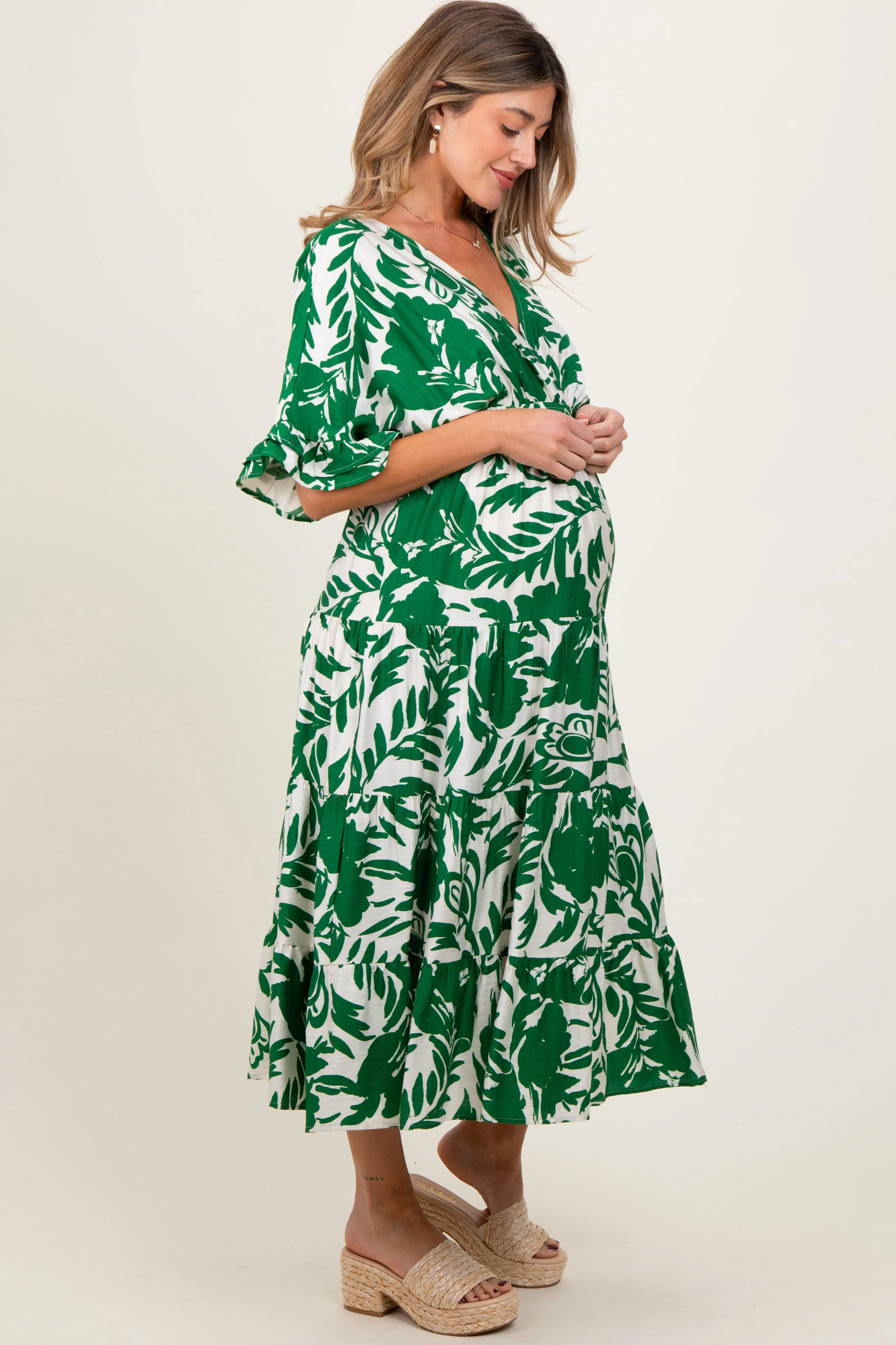 Green Abstract Floral V-Neck Tiered Maternity Midi Dress sold by Pinkblush product image thumbnail 2