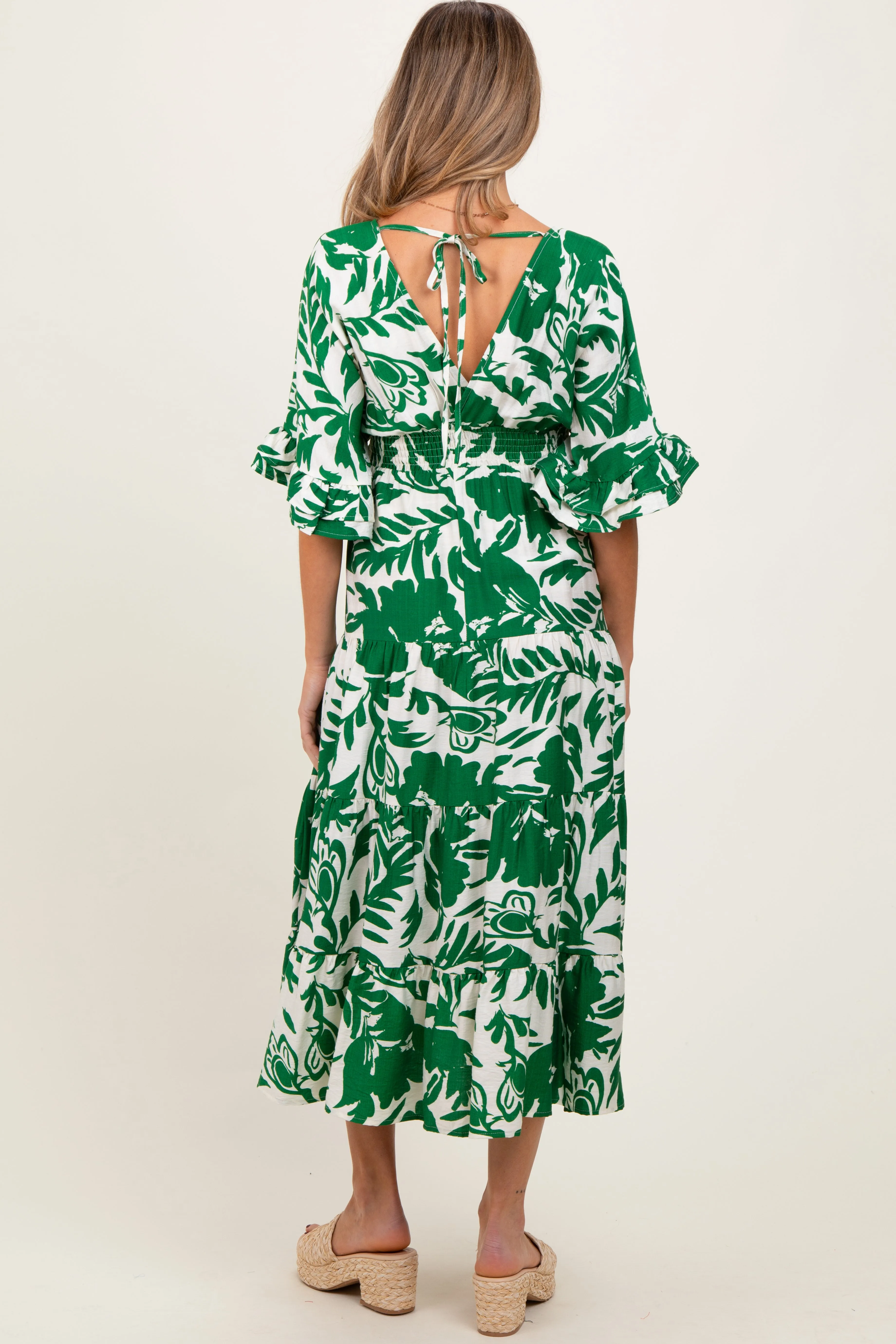 Green Abstract Floral V-Neck Tiered Maternity Midi Dress sold by Pinkblush product image thumbnail 3