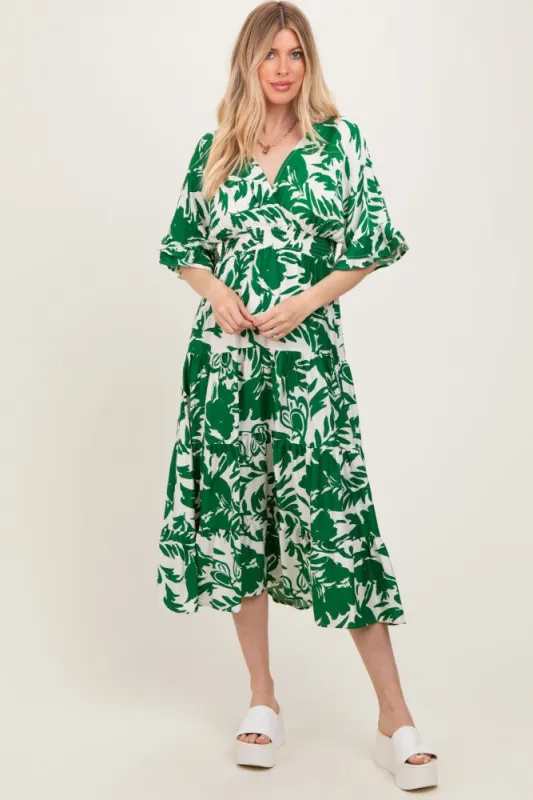Green Abstract Floral V-Neck Tiered Midi Dress sold by Pinkblush