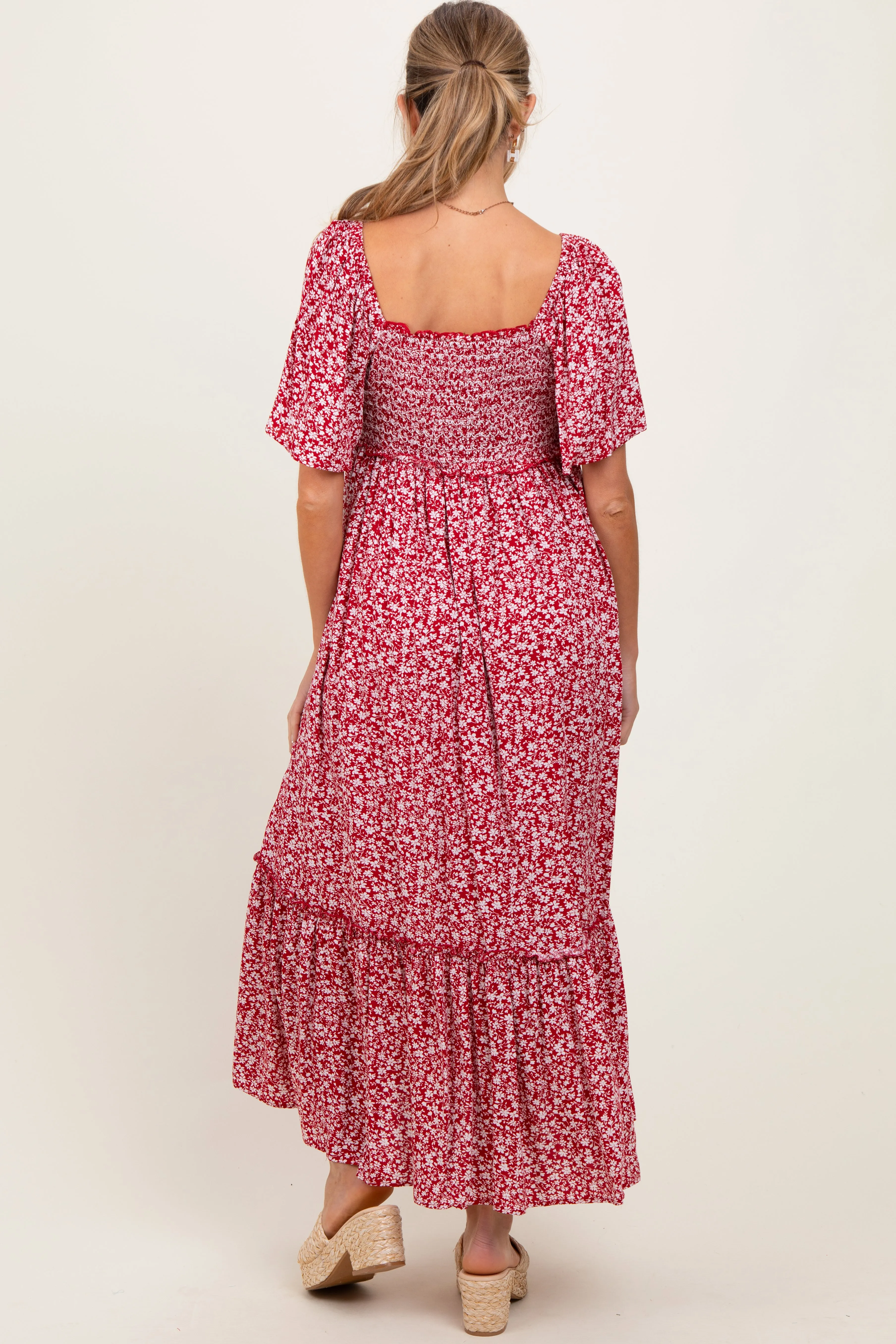 Burgundy Floral Button Front Maternity Midi Dress sold by Pinkblush product image thumbnail 3
