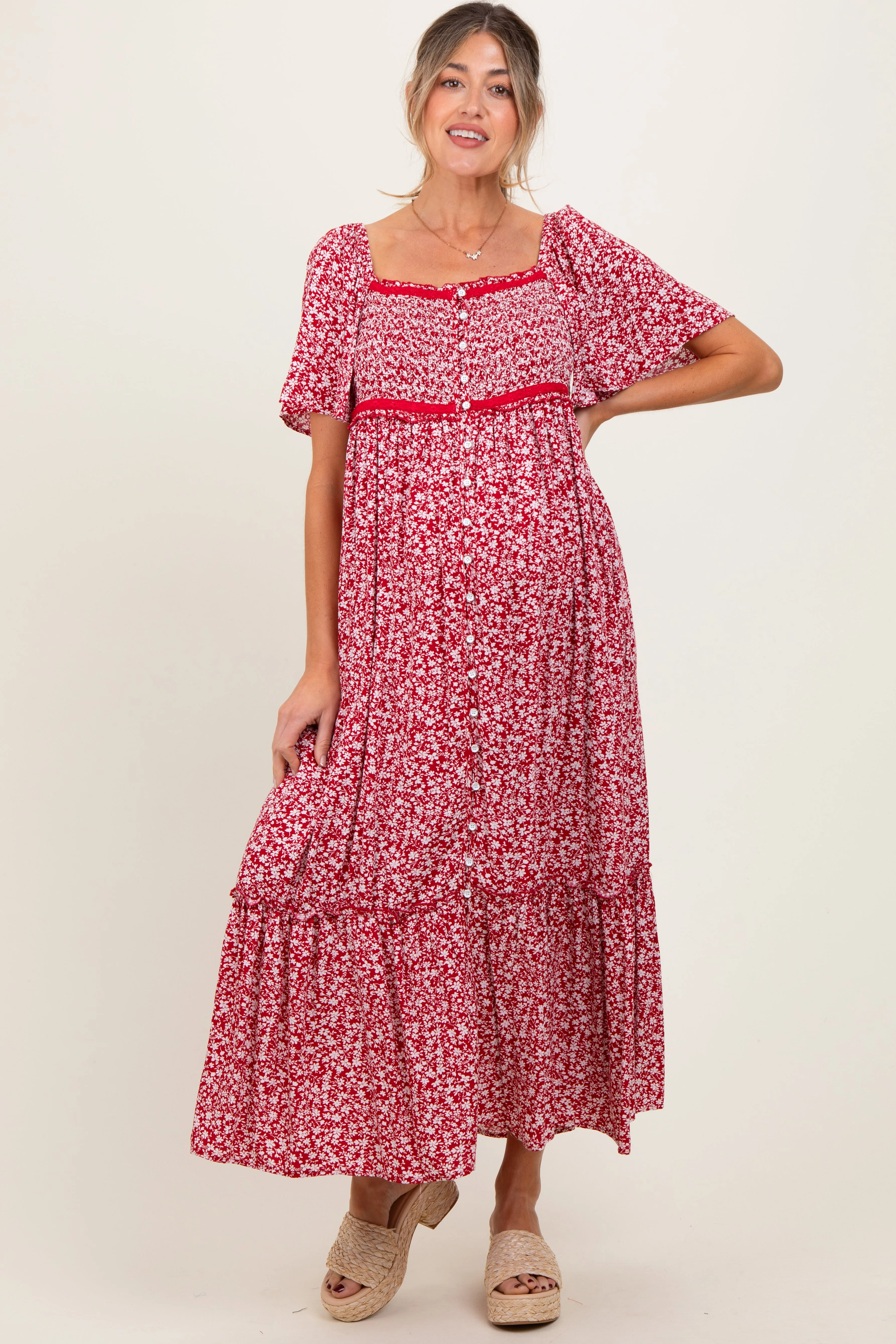 Burgundy Floral Button Front Maternity Midi Dress sold by Pinkblush