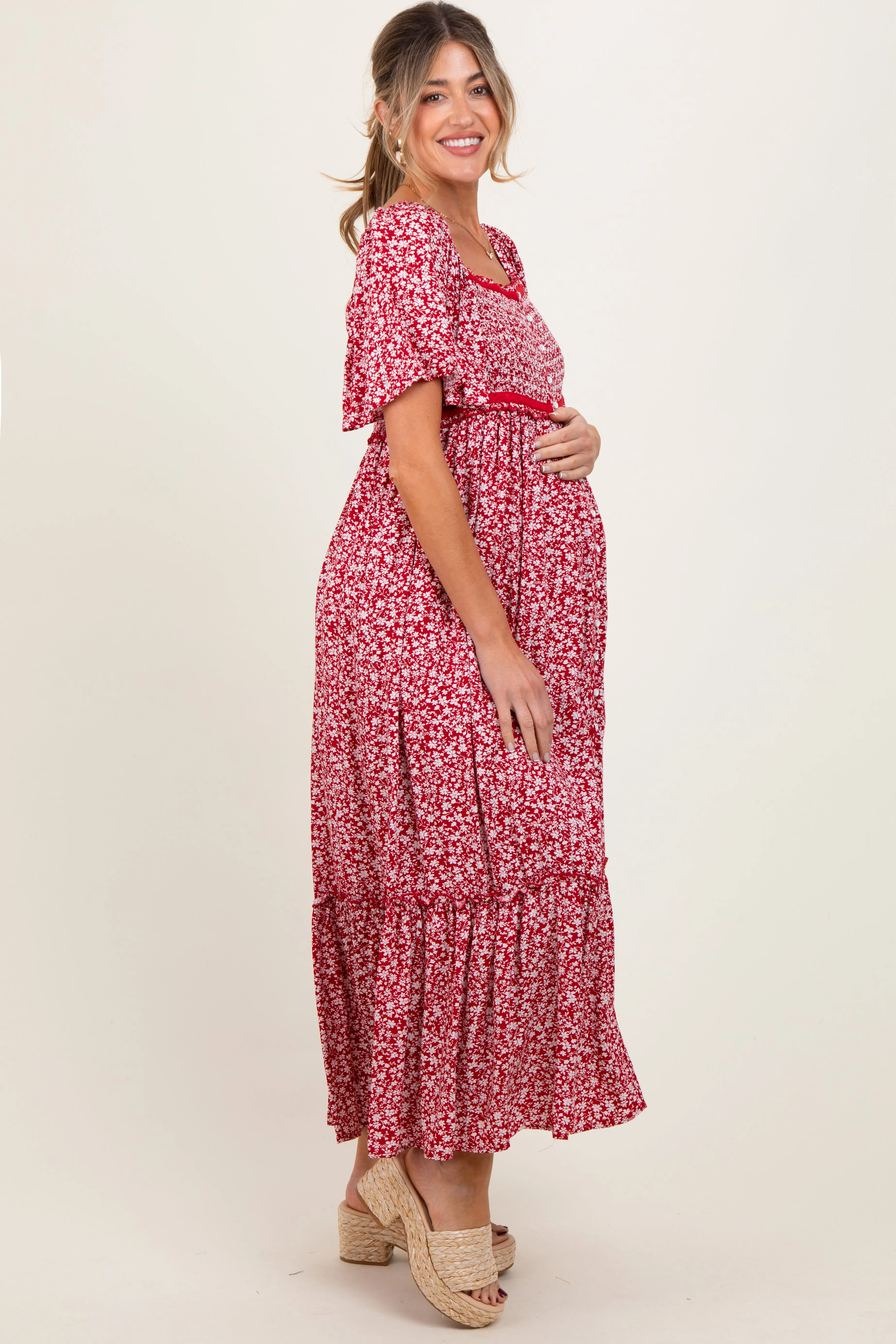 Burgundy Floral Button Front Maternity Midi Dress sold by Pinkblush product image thumbnail 2