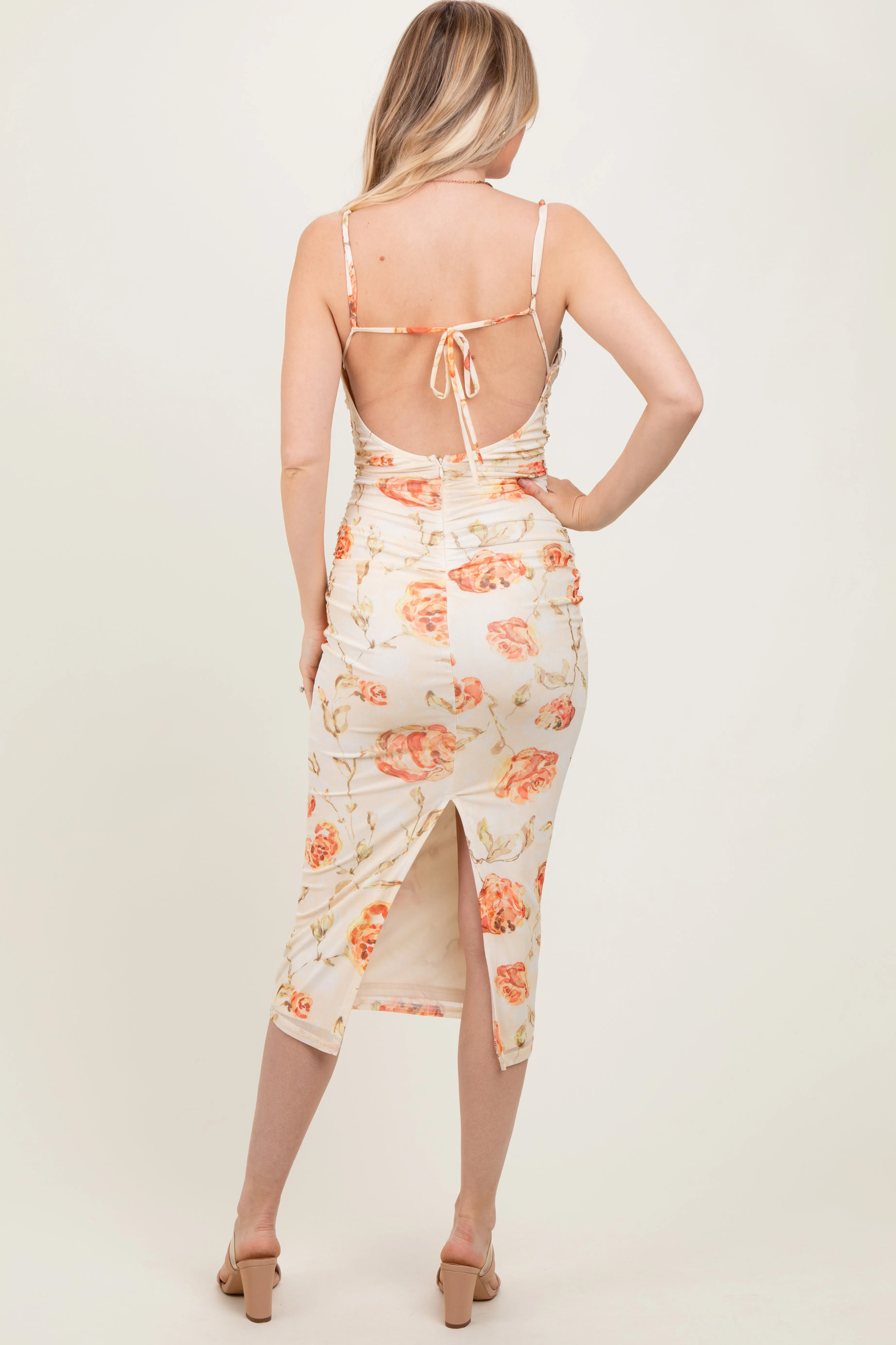 Cream Floral Ruched Low Tie Back Midi Dress sold by Pinkblush product image thumbnail 4