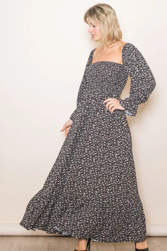 Black Floral Smocked Off Shoulder Maxi Dress sold by Pinkblush