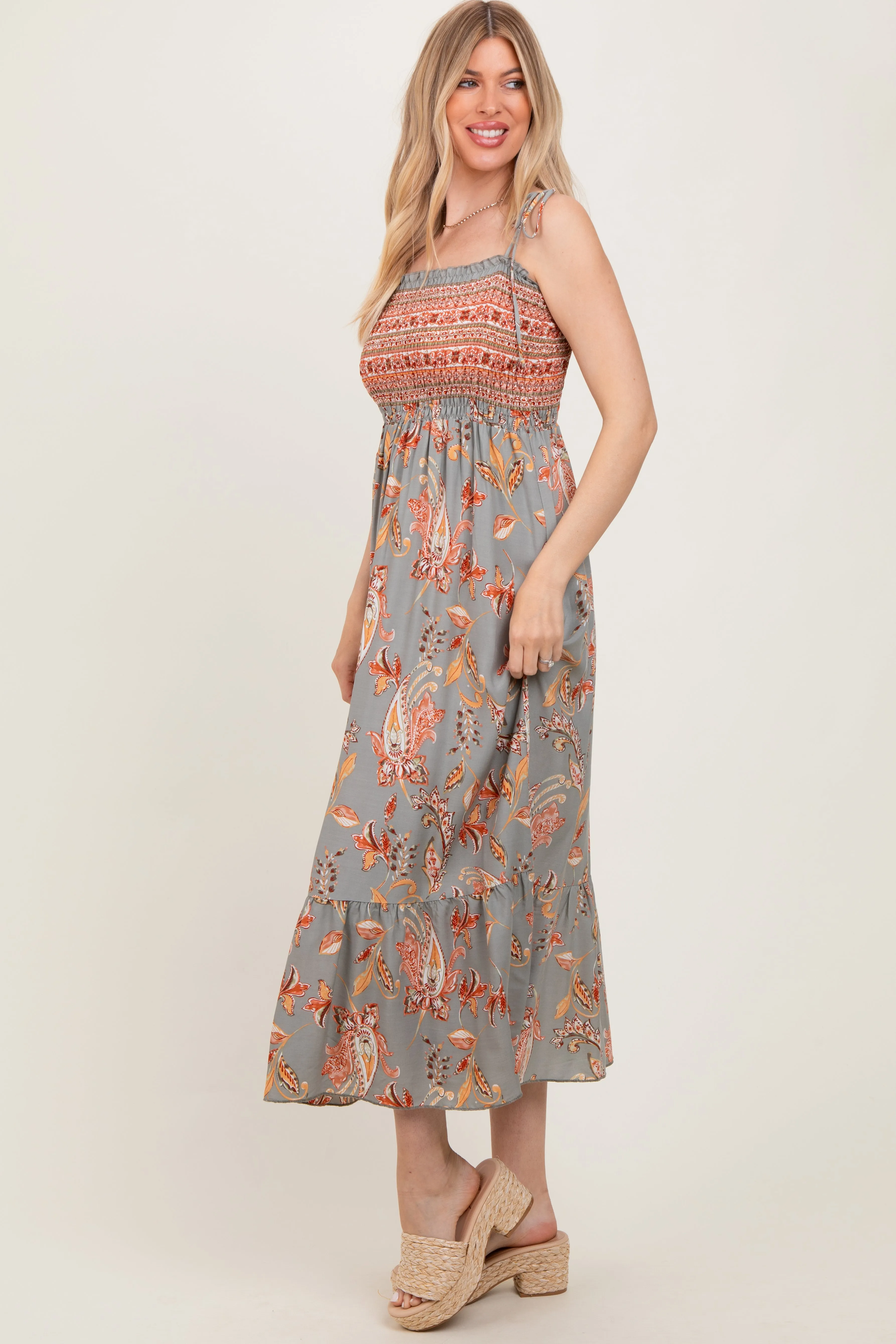 Olive Paisley Shoulder Tie Smocked Maxi Dress sold by Pinkblush product image thumbnail 2