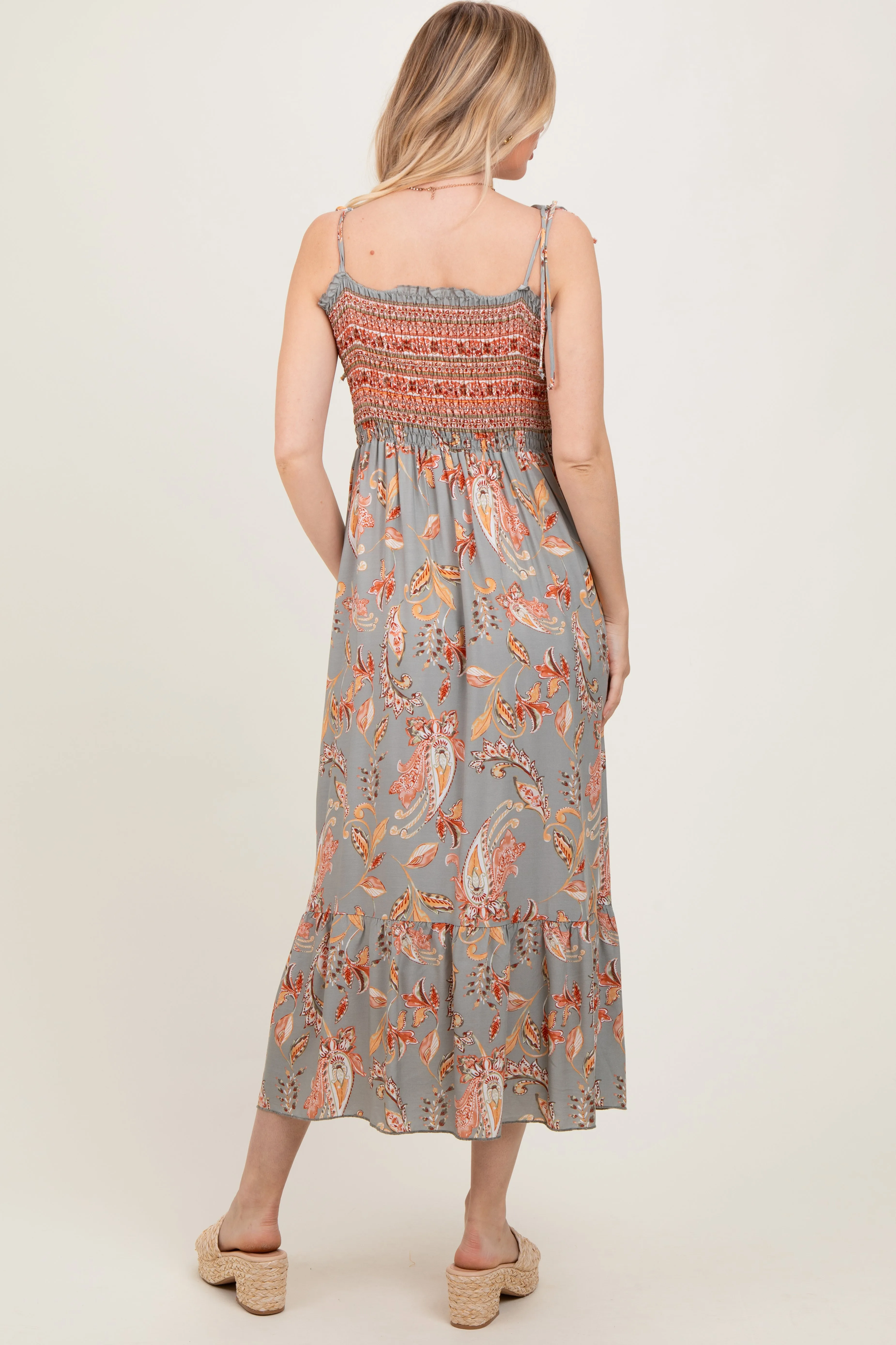 Olive Paisley Shoulder Tie Smocked Maxi Dress sold by Pinkblush product image thumbnail 3