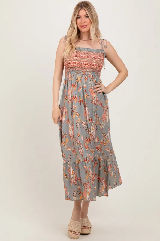Olive Paisley Shoulder Tie Smocked Maxi Dress sold by Pinkblush
