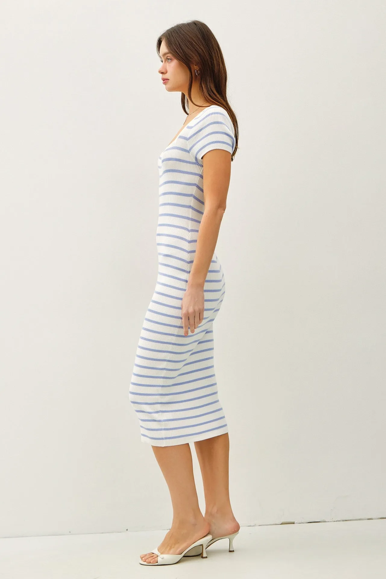 Blue Striped Square Neck Short Sleeve Midi Dress sold by Pinkblush product image thumbnail 2