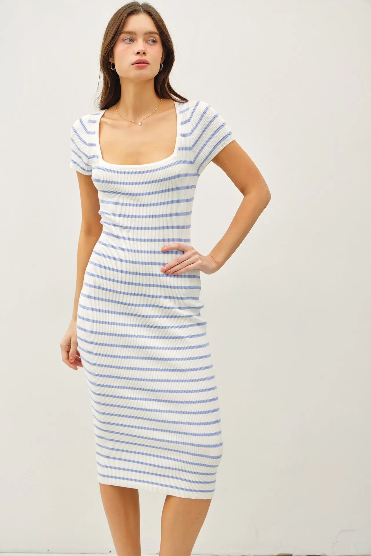 Blue Striped Square Neck Short Sleeve Midi Dress sold by Pinkblush product image thumbnail 4