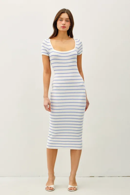 Blue Striped Square Neck Short Sleeve Midi Dress sold by Pinkblush