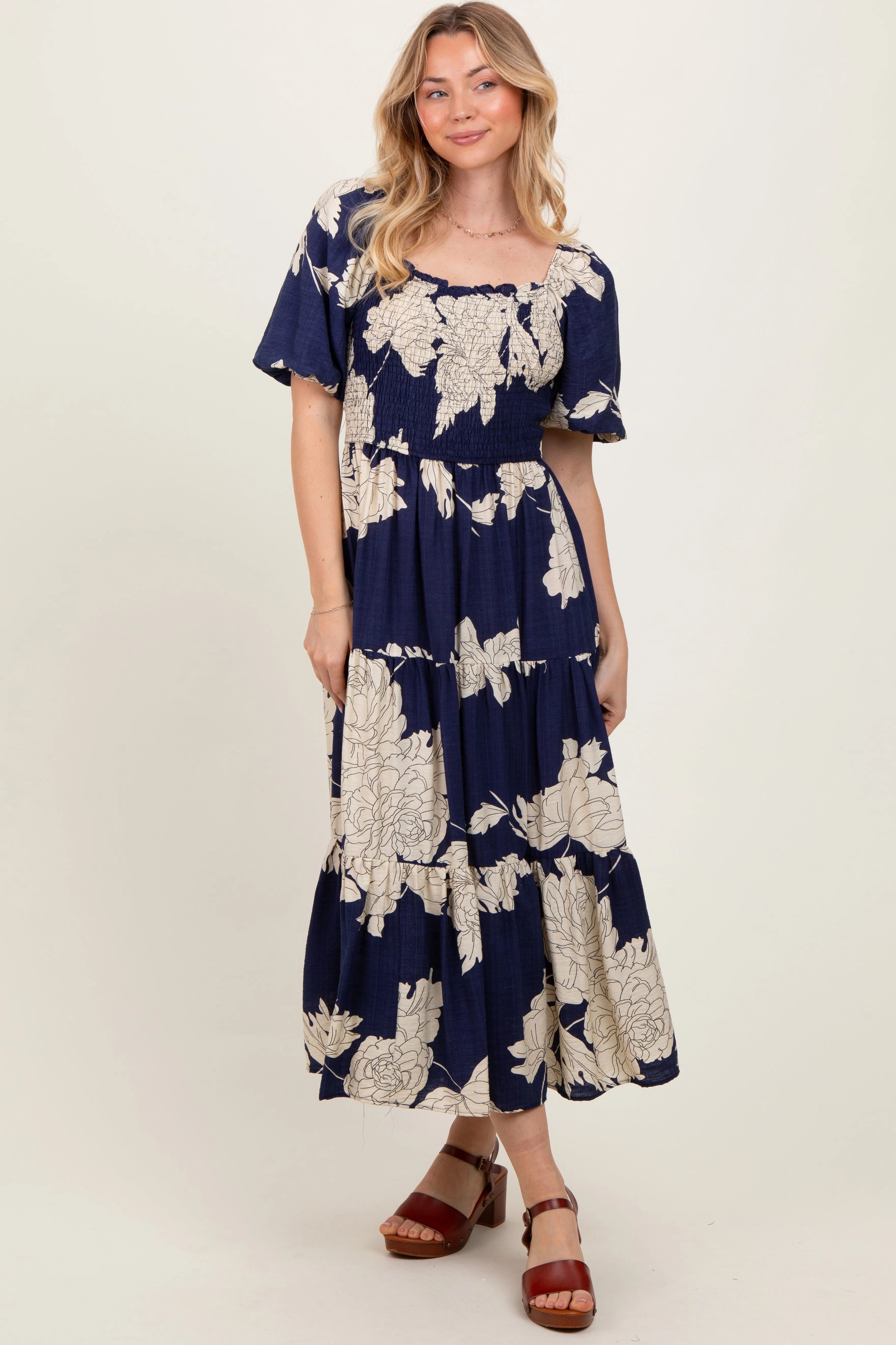 Navy Floral Smocked Front Tie Cutout Maxi Dress sold by Pinkblush