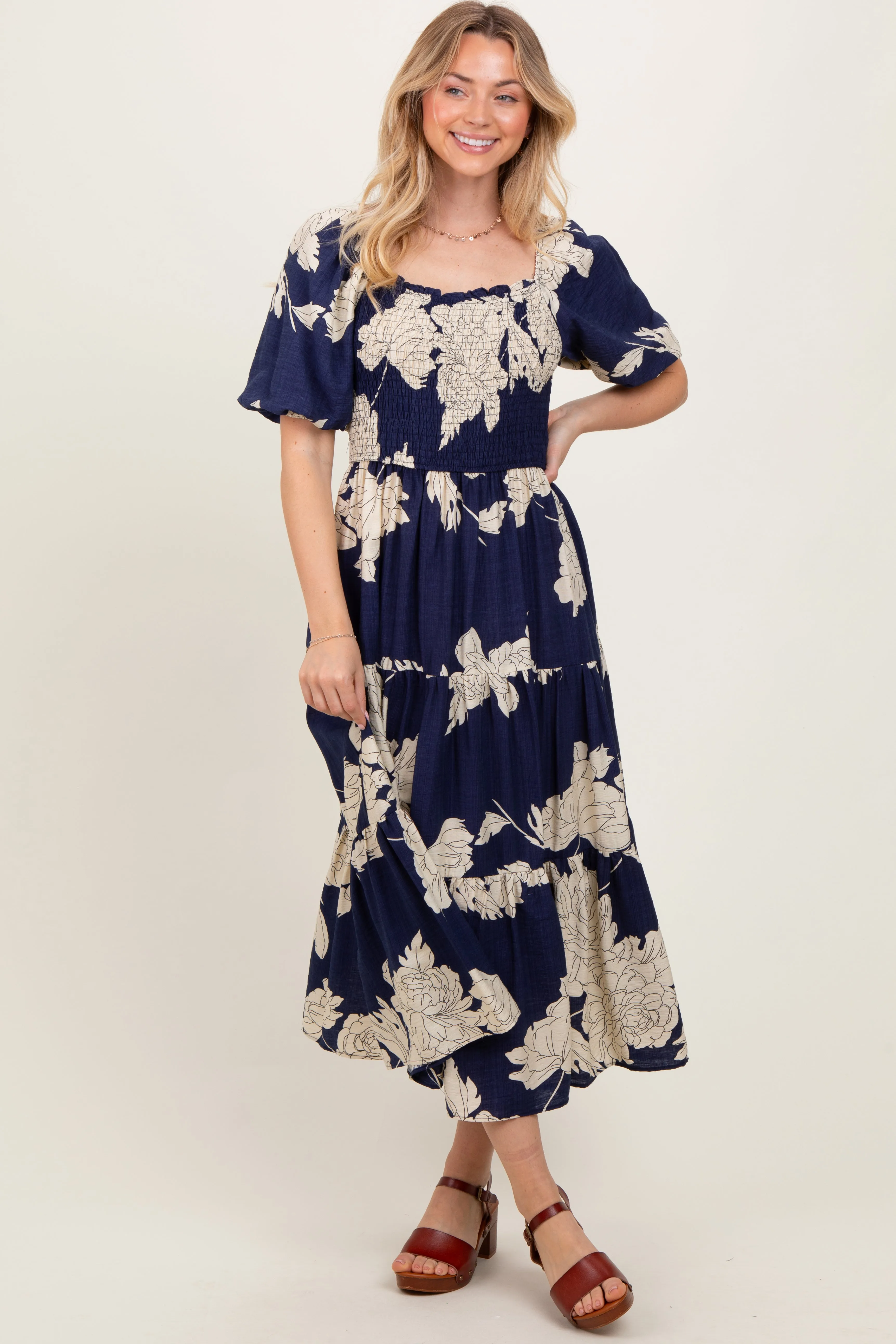 Navy Floral Smocked Front Tie Cutout Maxi Dress sold by Pinkblush product image thumbnail 2