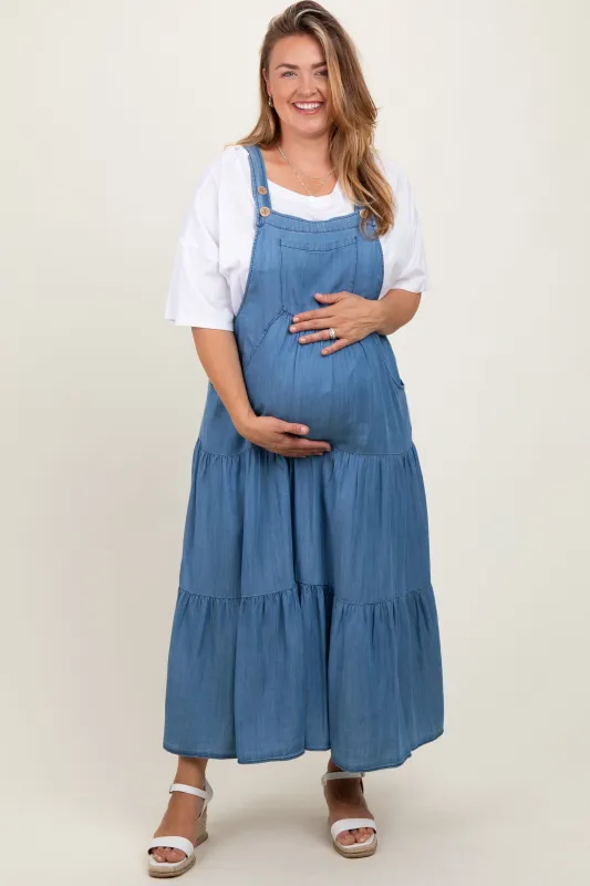 Blue Chambray Overall Tiered Maternity Plus Midi Dress sold by Pinkblush