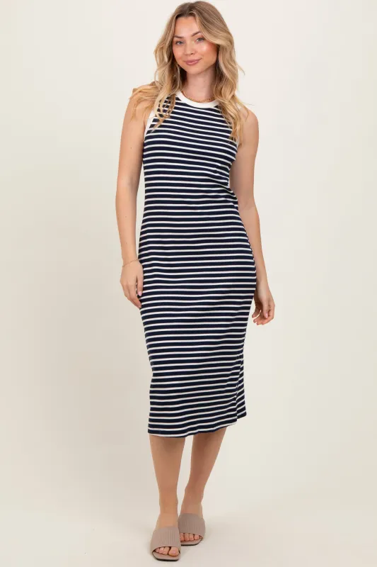 Navy Striped Ribbed Knit Sleeveless Midi Dress sold by Pinkblush