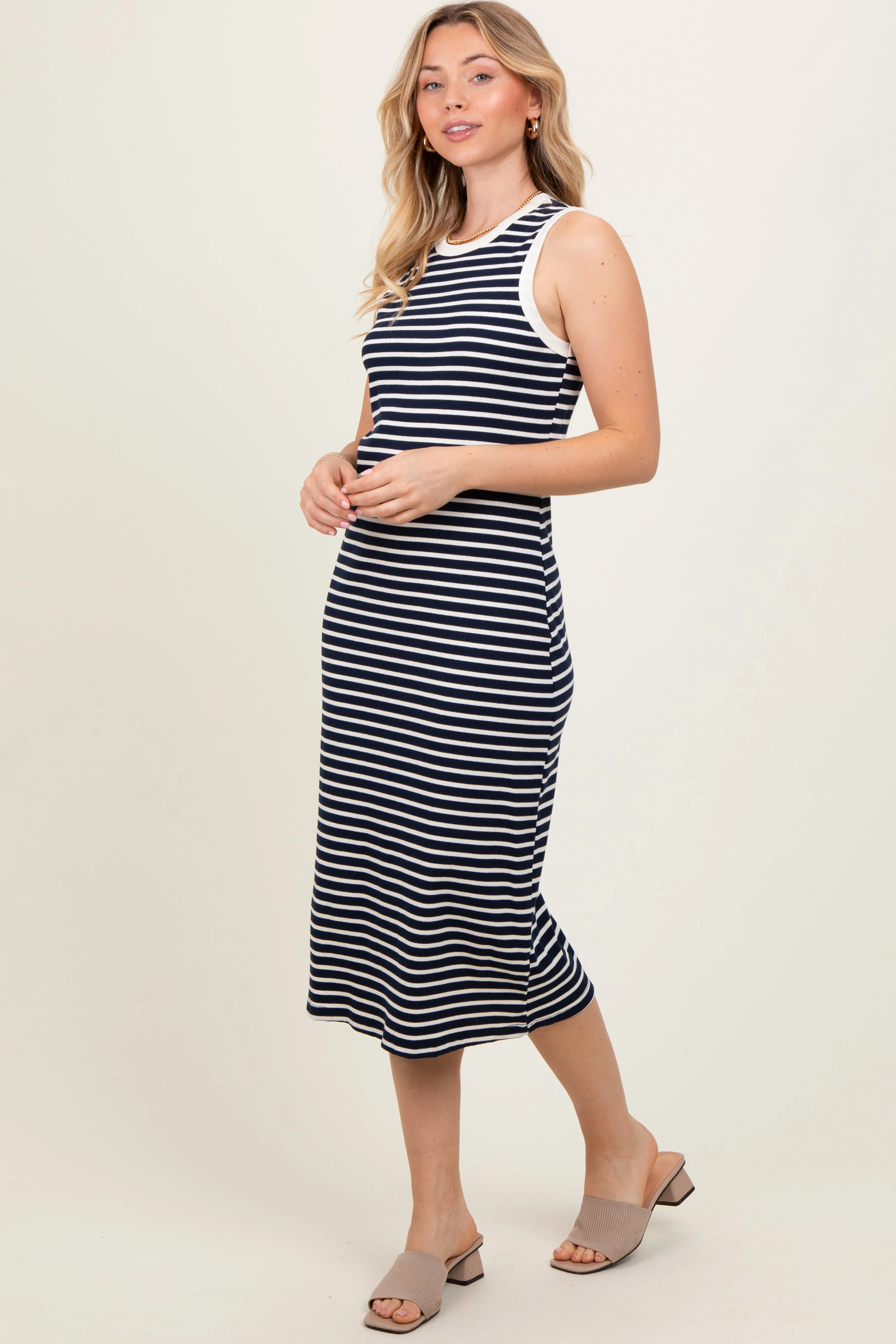 Navy Striped Ribbed Knit Sleeveless Midi Dress sold by Pinkblush product image thumbnail 2