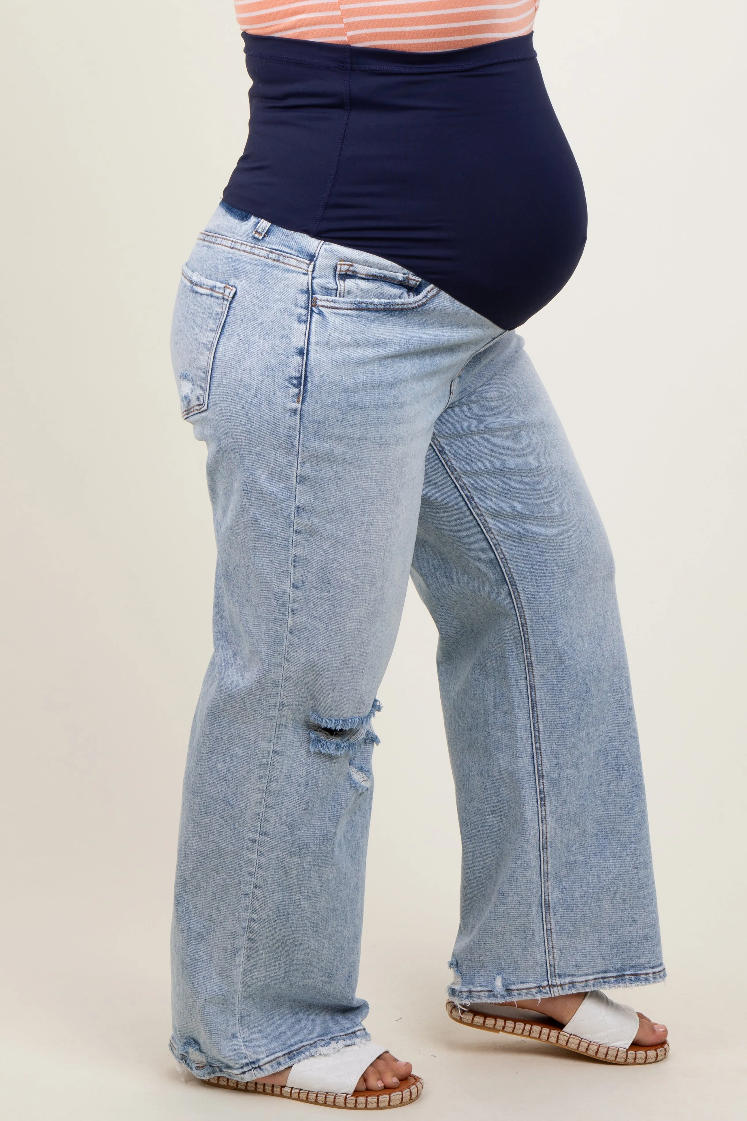 Light Blue Acid Wash Open Knee Wide Leg Maternity Plus Jeans sold by Pinkblush product image thumbnail 3