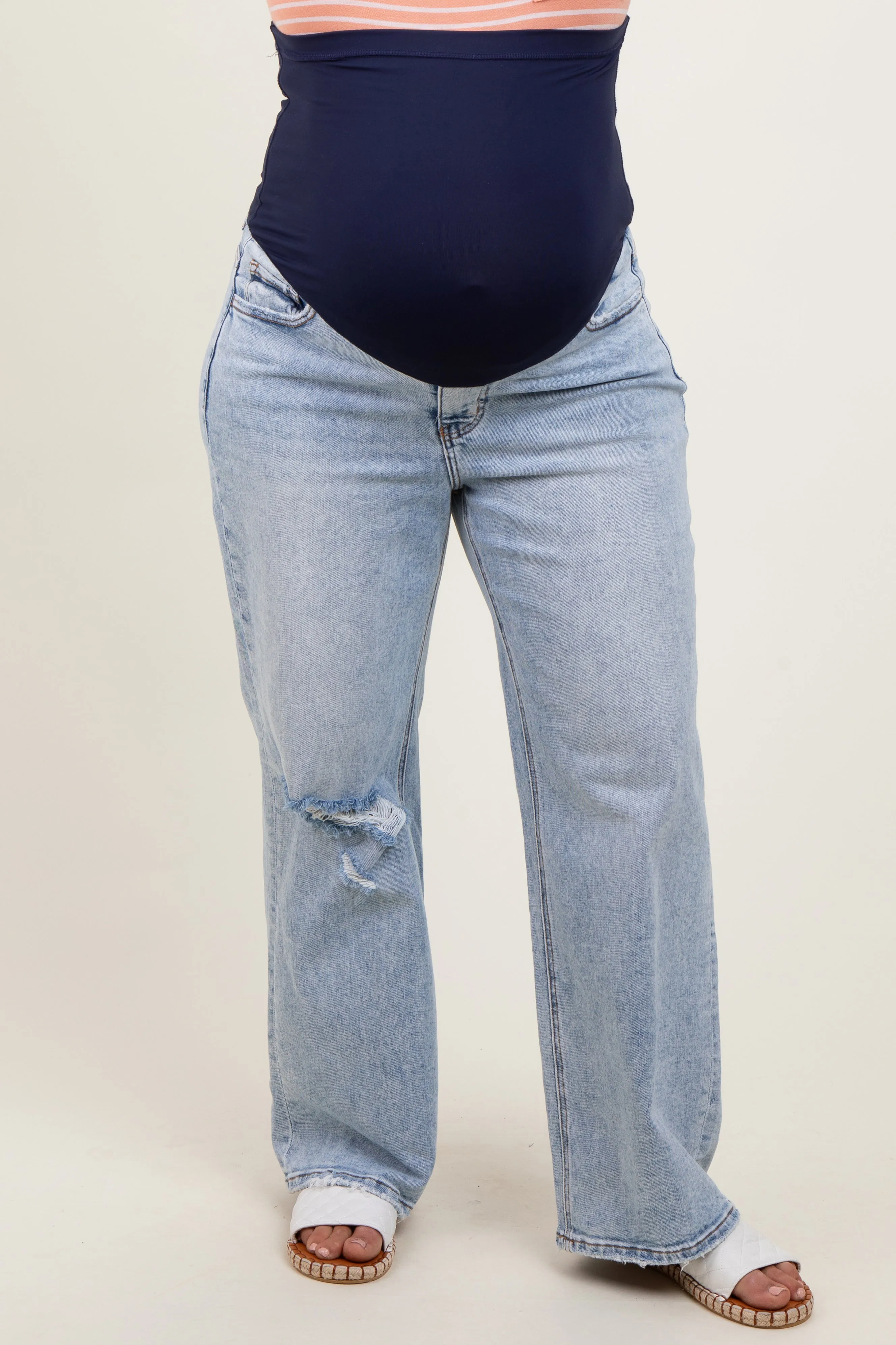 Light Blue Acid Wash Open Knee Wide Leg Maternity Plus Jeans sold by Pinkblush product image thumbnail 2
