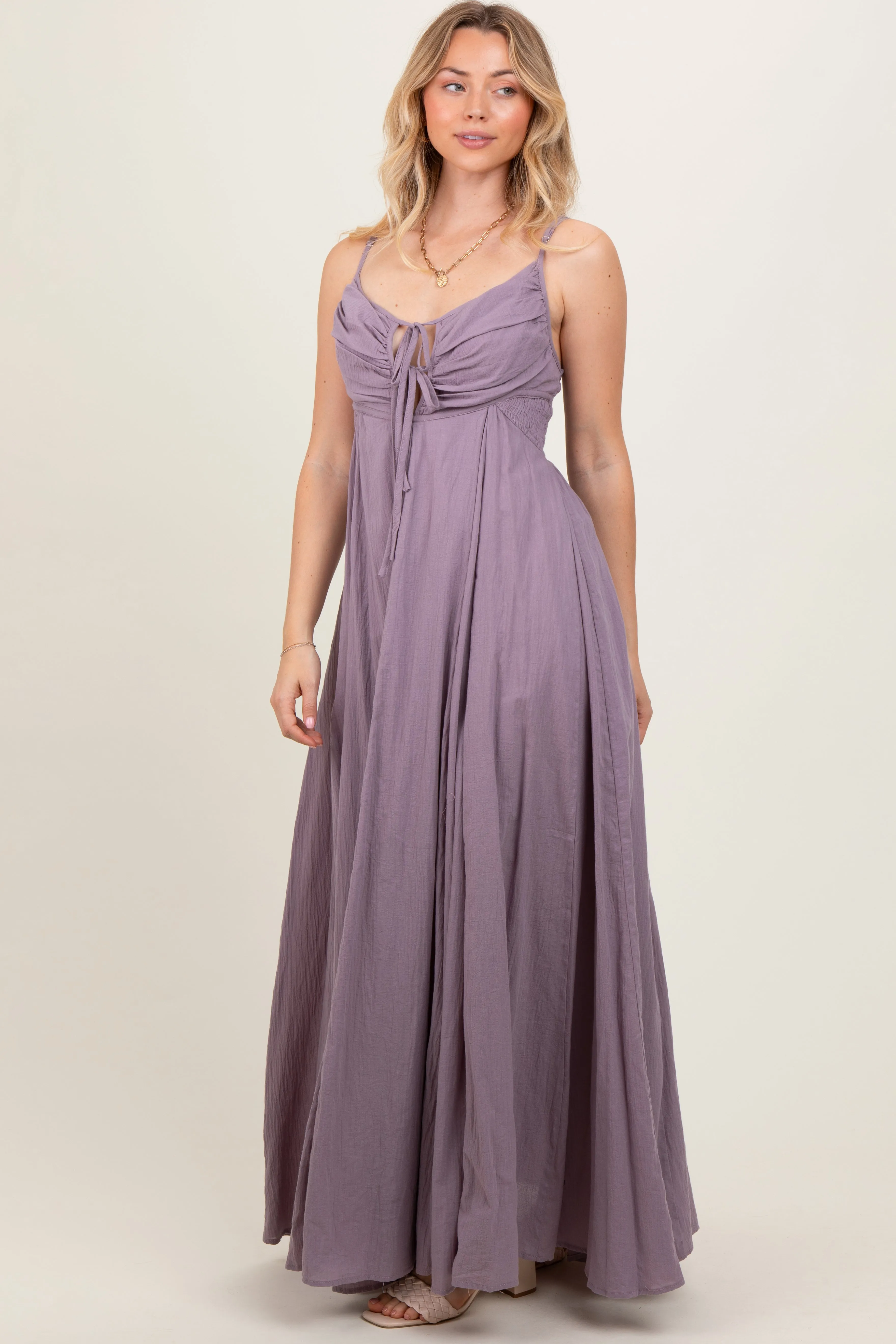 Purple Gathered Tie Front Maxi Dress sold by Pinkblush product image thumbnail 3