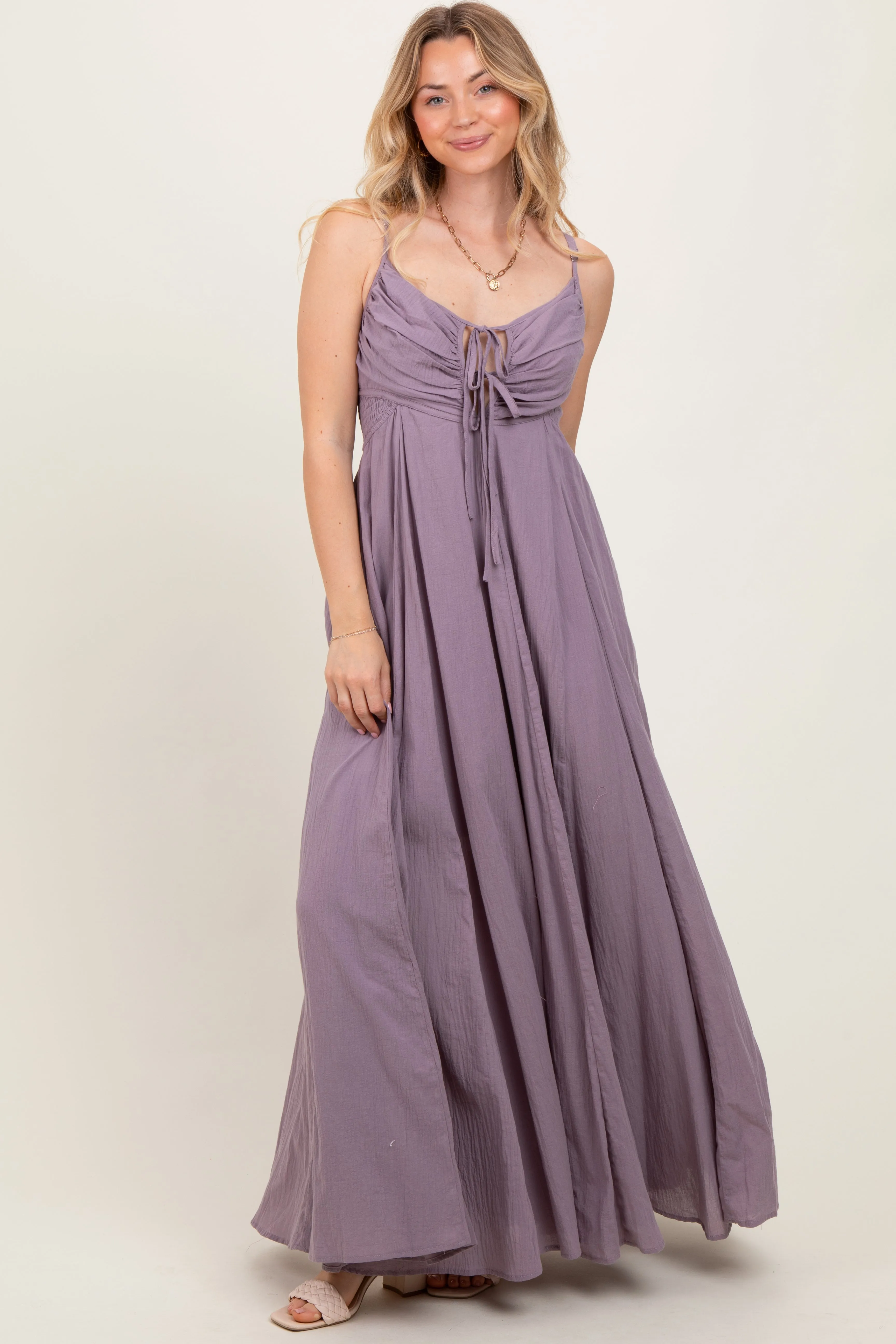 Purple Gathered Tie Front Maxi Dress sold by Pinkblush