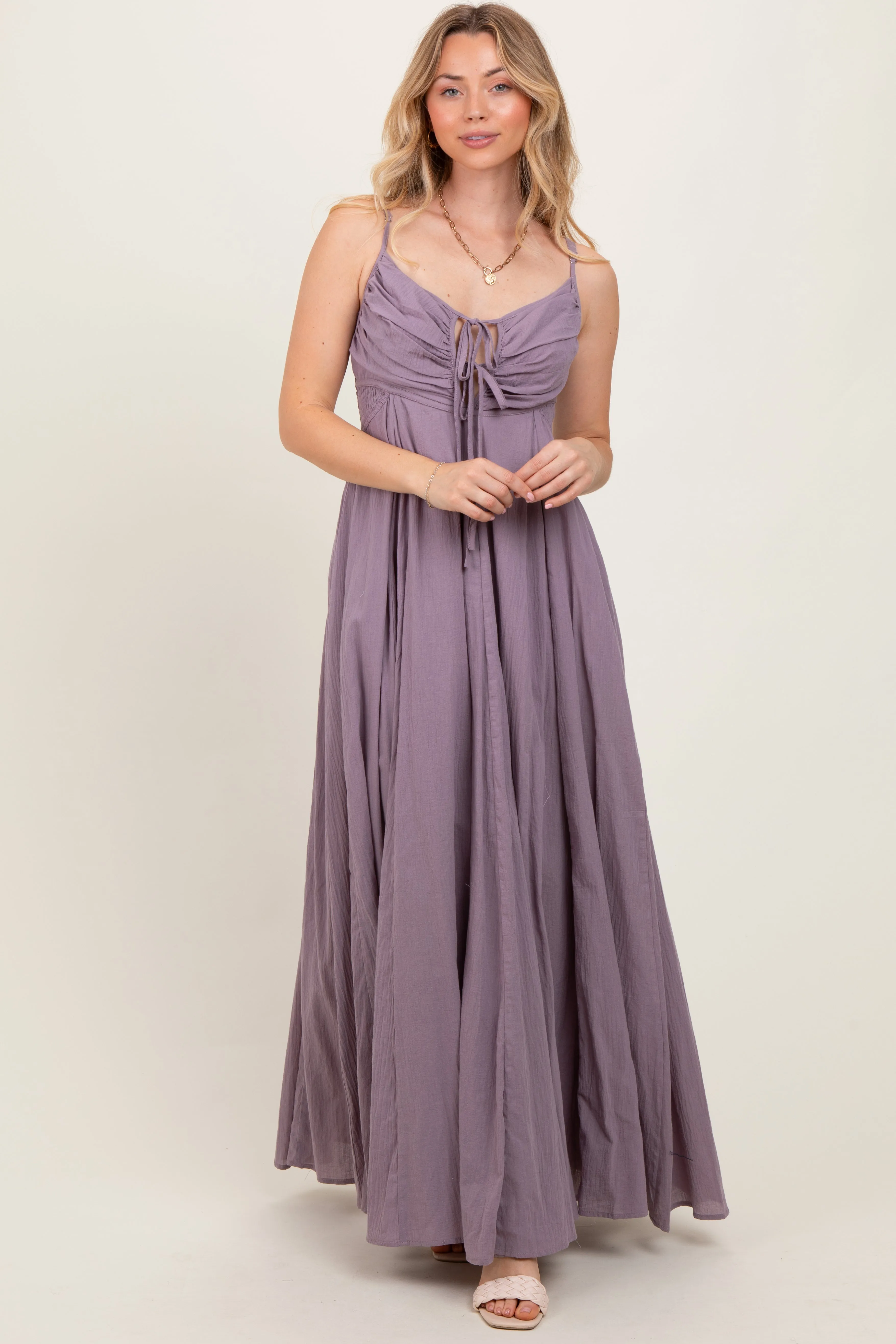 Purple Gathered Tie Front Maxi Dress sold by Pinkblush product image thumbnail 2