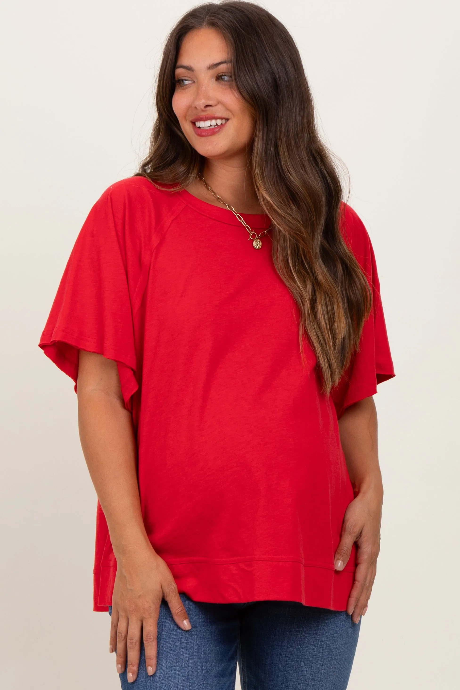 Red Oversized Raw Hem Short Sleeve Maternity Tee sold by Pinkblush