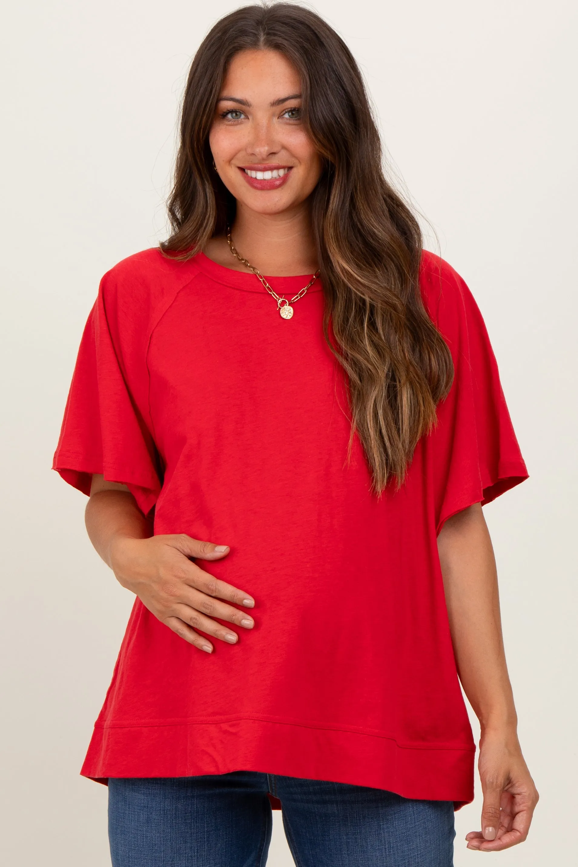 Red Oversized Raw Hem Short Sleeve Maternity Tee sold by Pinkblush product image thumbnail 2