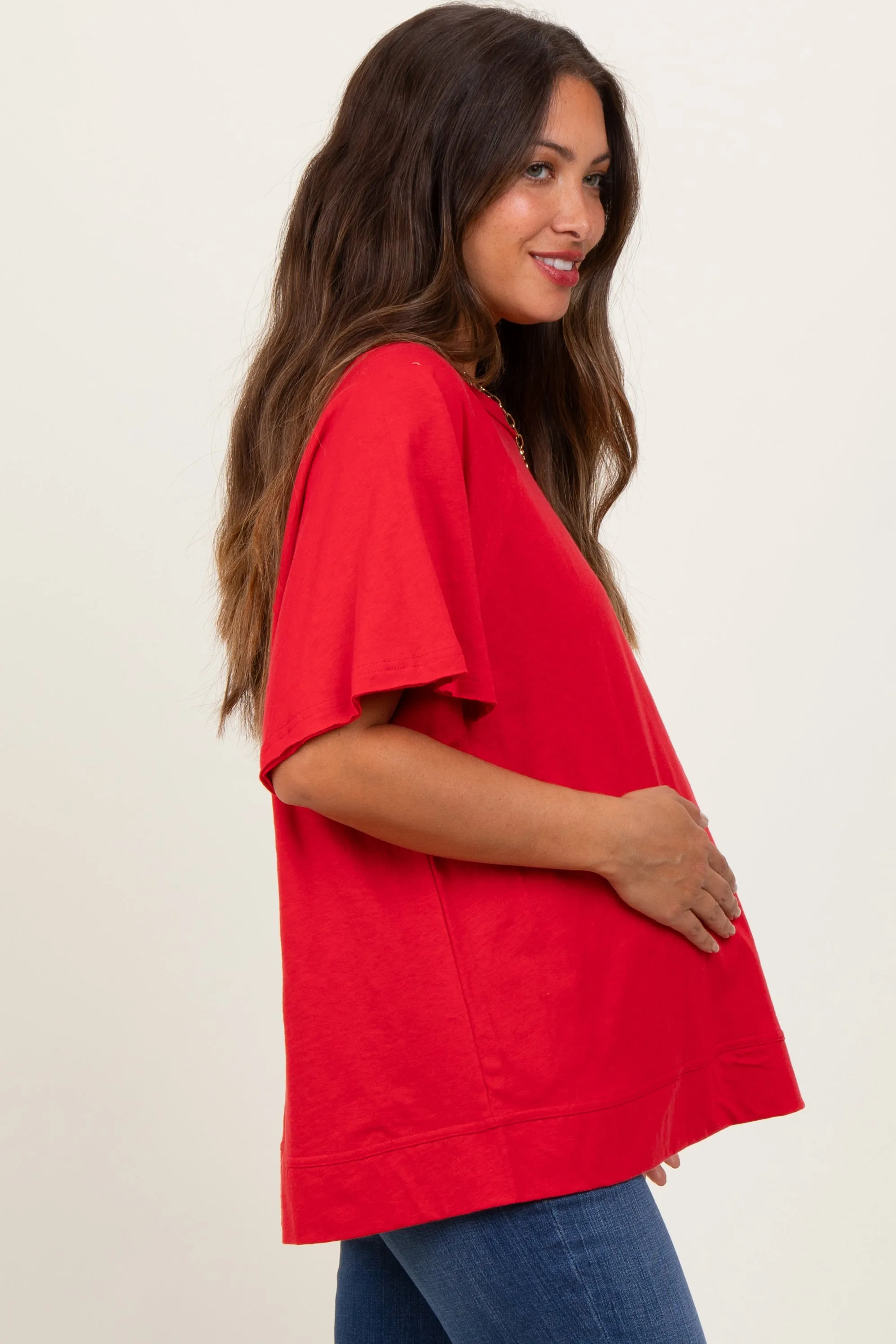Red Oversized Raw Hem Short Sleeve Maternity Tee sold by Pinkblush product image thumbnail 3