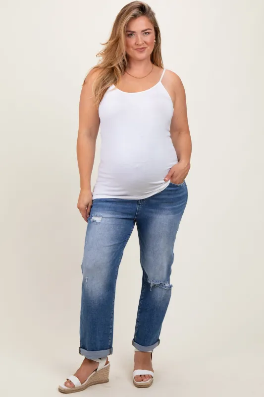 Navy Rolled Hem Distressed Straight Leg Maternity Plus Jeans sold by Pinkblush